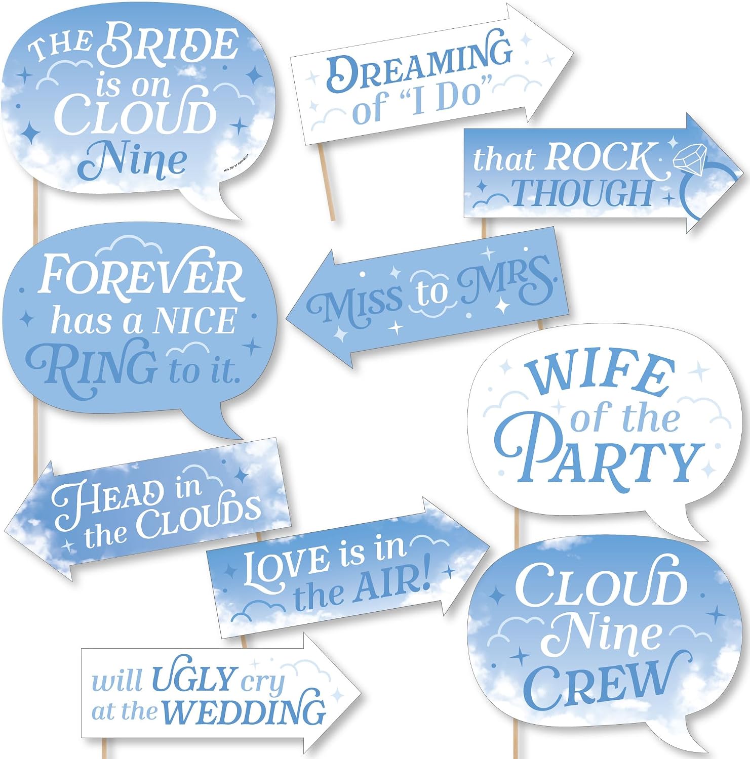 Funny On Cloud 9 - Bridal or Bachelorette Party Photo Booth Prop Kit - 10pc | Blue and White Cloud Party Decorations, Arrow and Speech Bubble Shapes for Adults or Kids, Prop Sticks Included, USA-made