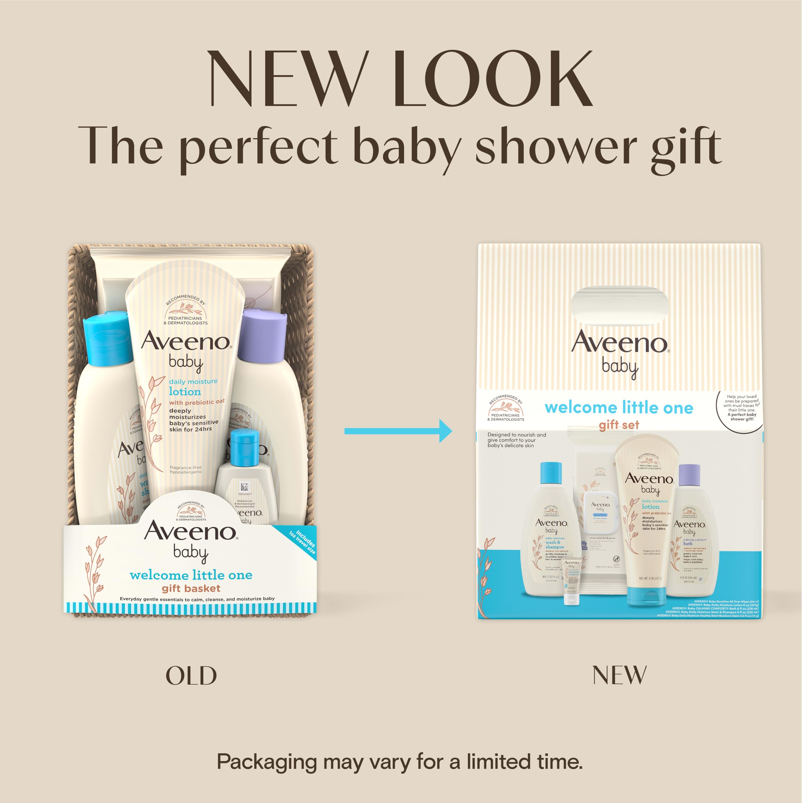 Aveeno Baby Welcome Little One Gift Set, Baby Essentials Set, 5 Items | Daily Moisture Baby Body Wash and Shampoo, Calming Comfort Bath, Sensitive All Over Wipes, Moisturizing Lotion, Baby Balm