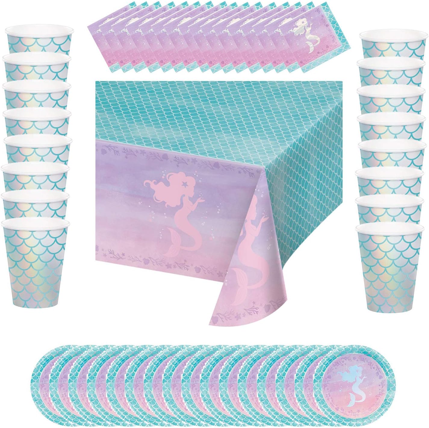 Mermaid Shine party tableware set with 16 plates, 16 cups, 16 napkins and 1 table-cover