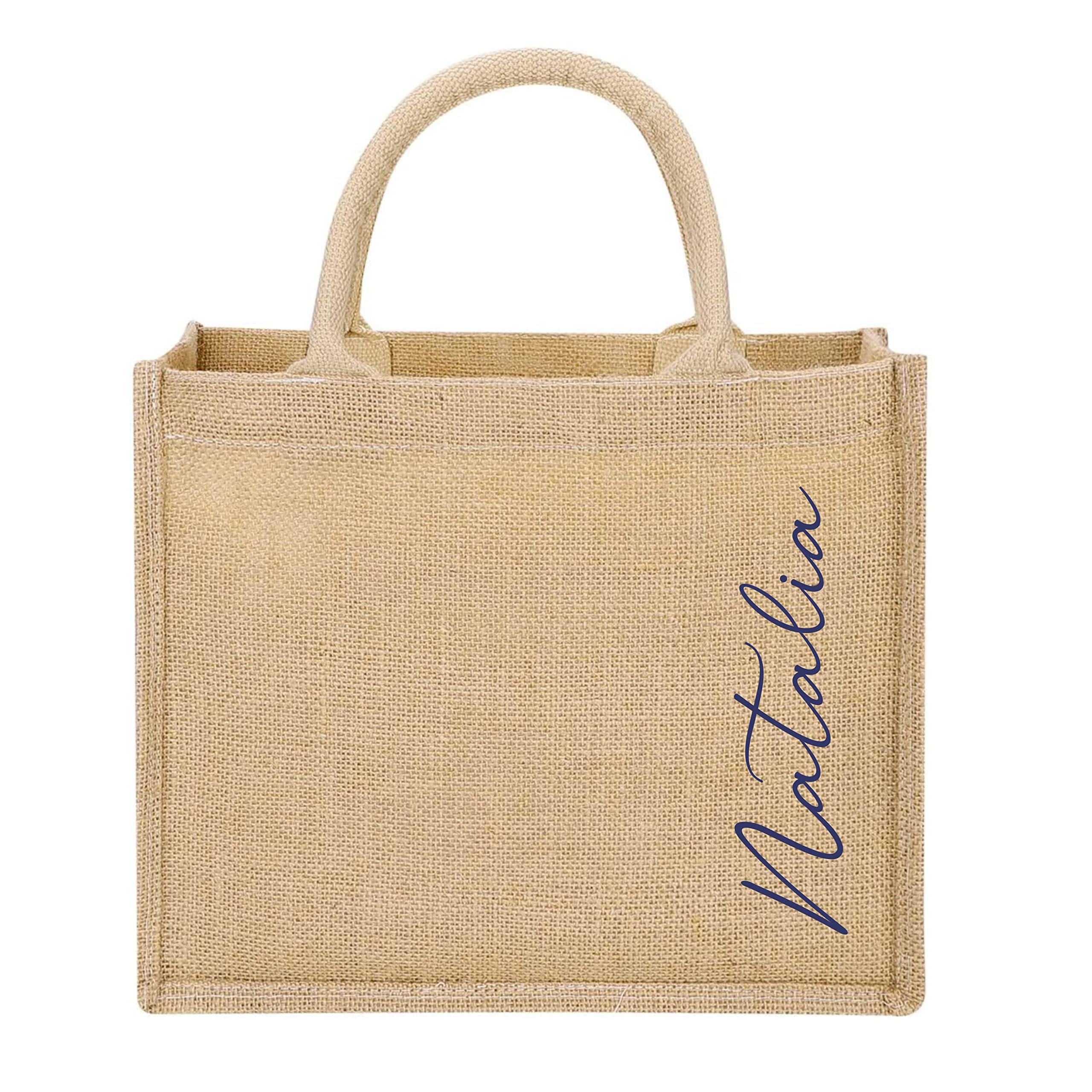 Didart Handmade Bolso Yute natural Personalizado con NOMBRE. Bolsa playa, shopper, bolsa compra. Bolsa arpillera gran tamaño. Forro impermeable.7 colores. Modelo CITRALOKA. Hecho en España (MARINO)