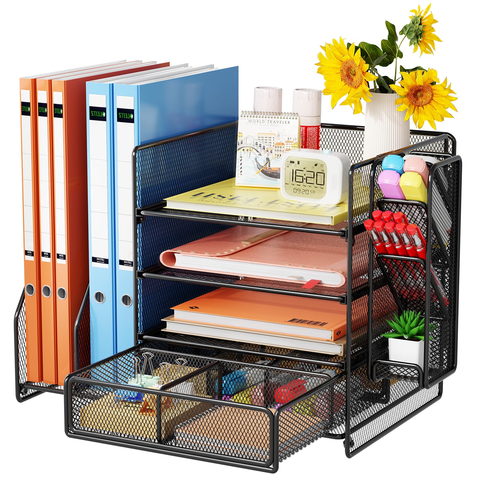 7 code Desk Organizer with File Holder, 5-Tier Letter Paper Tray Organizer with Drawer & Pen Holders, Desk Accessories Organizers and Storage, 2 Magazine Holder for Office Supplies image 5