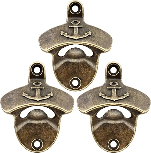 Anclaje para abrebotellas de latón montado en la pared, abridor de tapas de cerveza de soda náutica, bronce antiguo para marinero (paquete de 3)