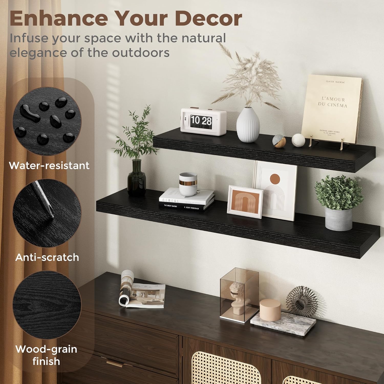 Fun Memories Floating Shelves for Wall, 12 x 16 Floating Shelf for Books, Rustic Wood Deep Storage Wall Shelf with Invisible Bracket - 16" Black Shelves for Living Room & Bedroom, Set of 2