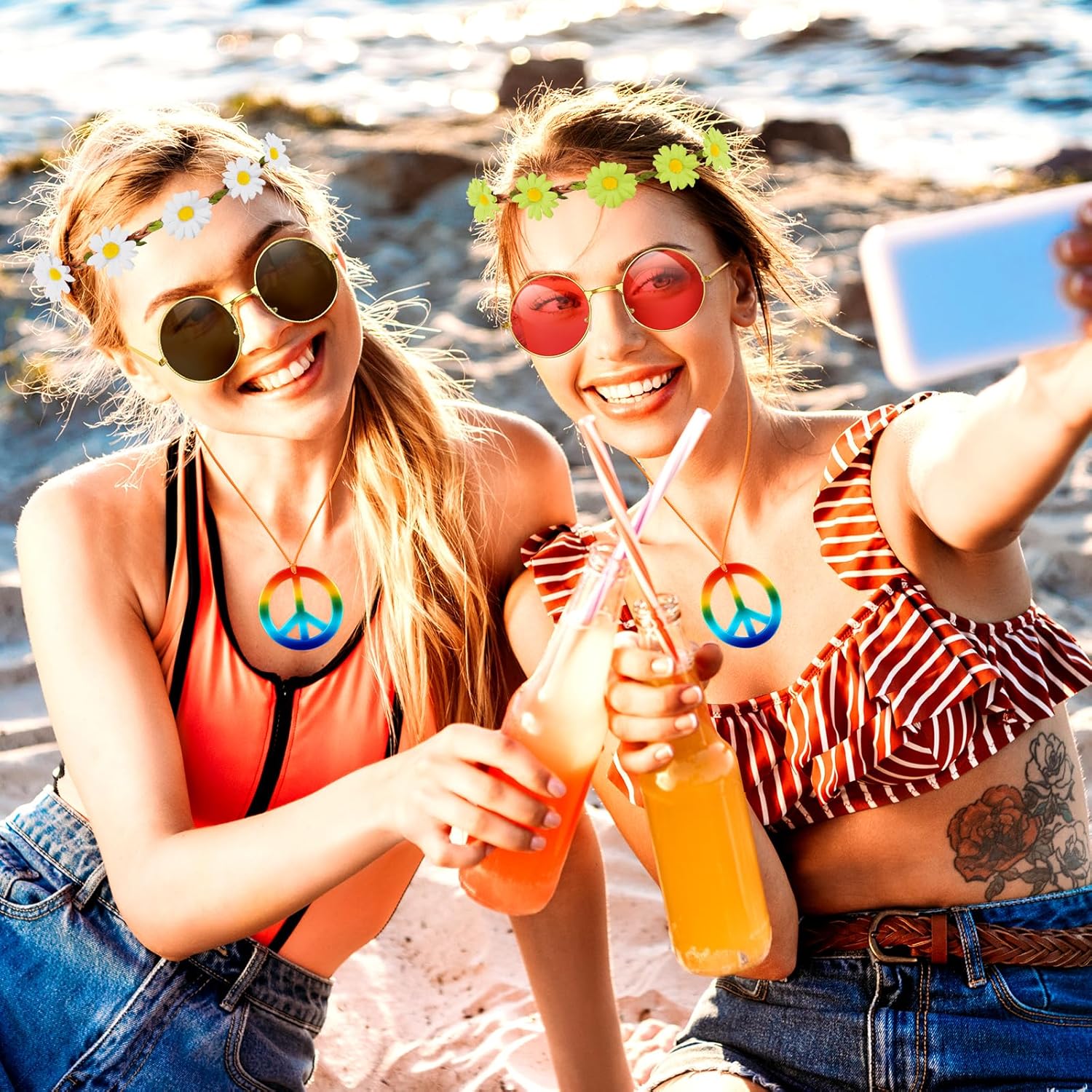 60s 70s Hippie Costume Accessories Set-Hippie Sunglasses/Peace Necklaces/Flower Headbands for Hippie Party