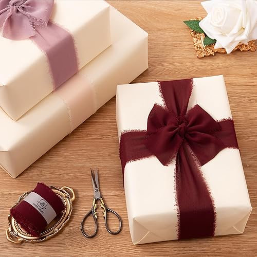 Miniatura 6 de DORIS HOME Cinta de gasa burdeos para ramo de flores, cinta de tela de 2 pulgadas x 21 yardas para envolver regalos, cinta deshilachada hecha a mano