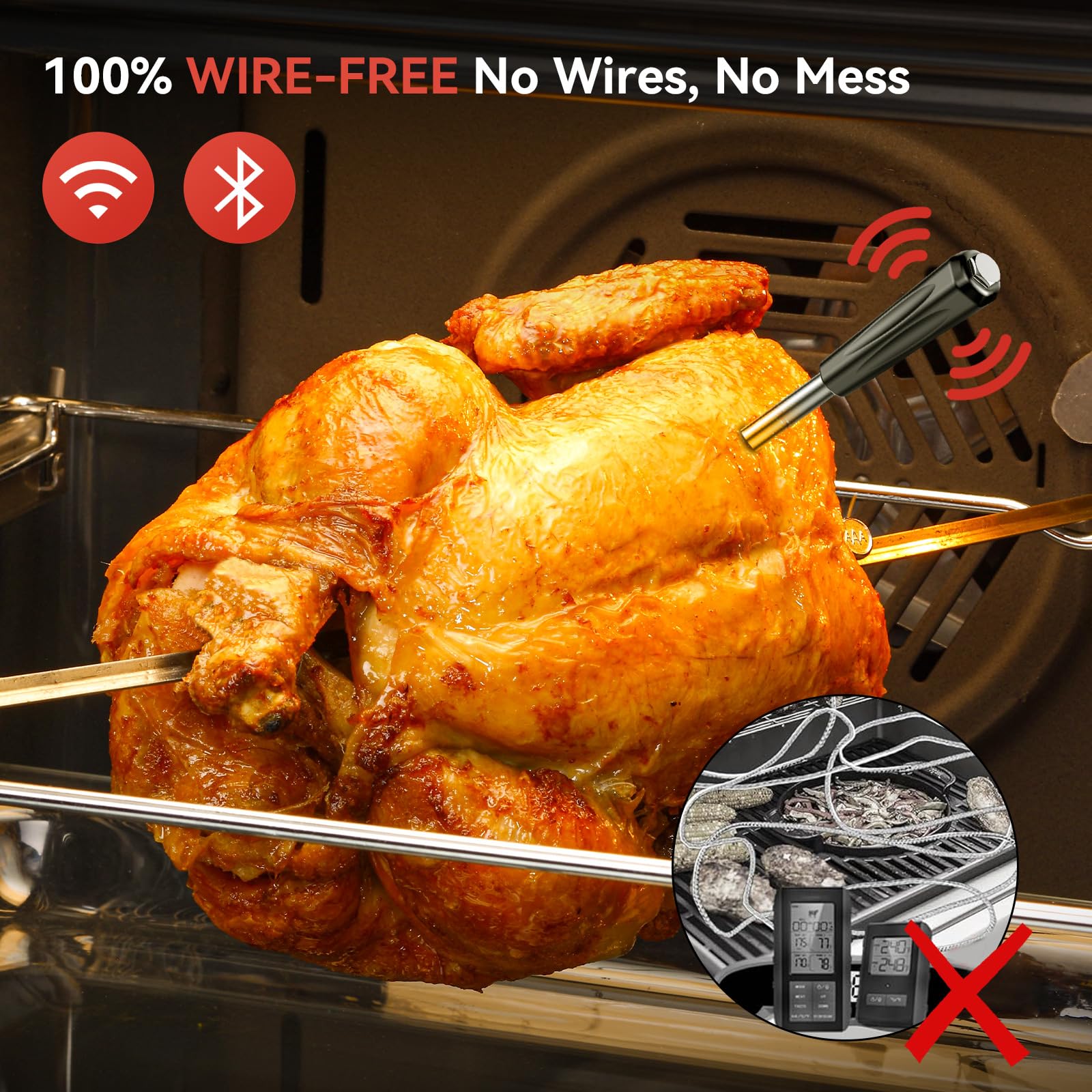 Thermomètre à viande sans fil, thermomètre à viande Bluetooth ultra gamme avec double capteur haute sensibilité, thermomètre alimentaire sans fil avec application intelligente thermomètre de cuisson