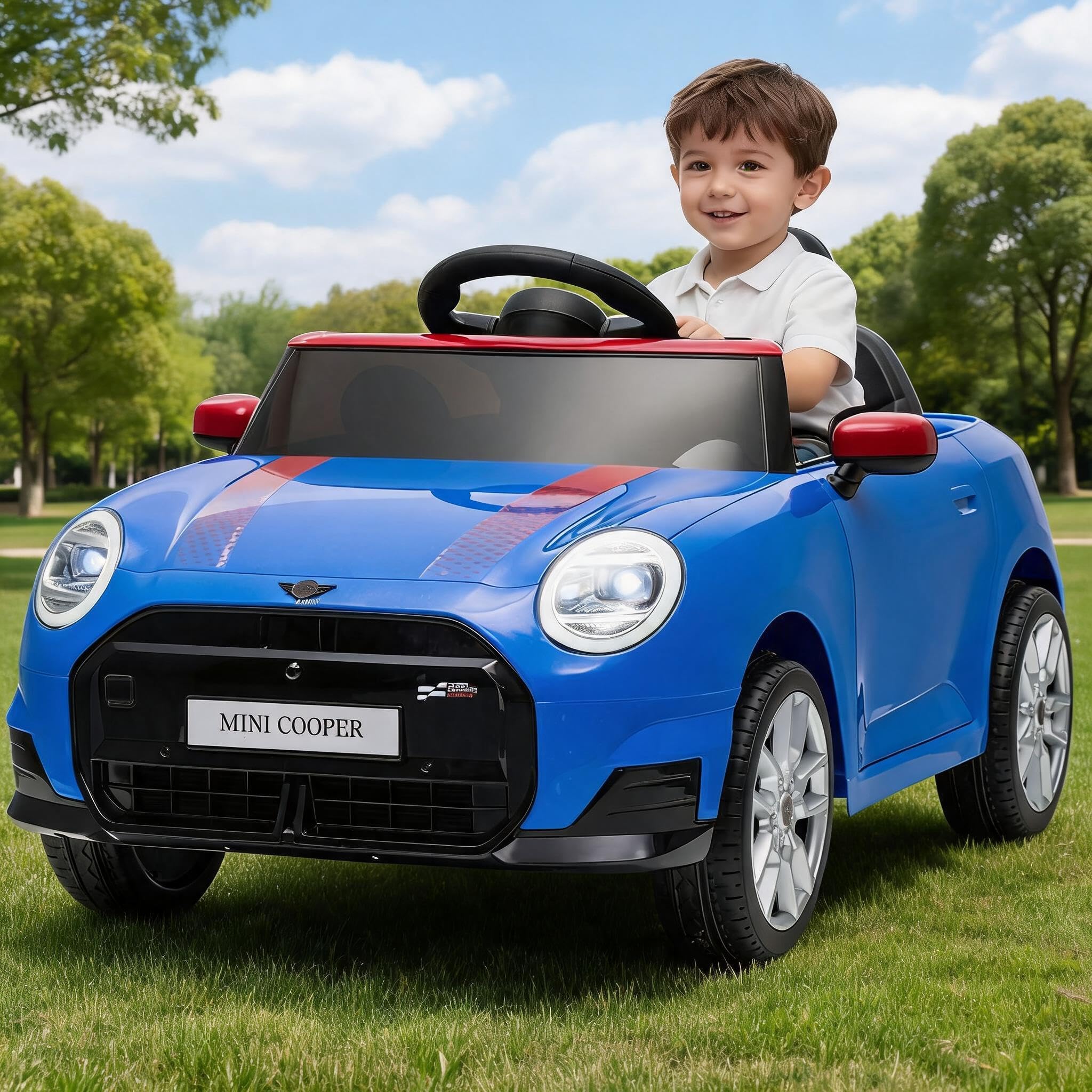 Luxury Car MINI Licensed 12V Kids Electric Ride-On Car – Parental Remote, LED Lights, Music, Horn, 3km/h Safe Speed – Battery Powered Vehicle for Boys & Girls Ages 3-6 – Blue