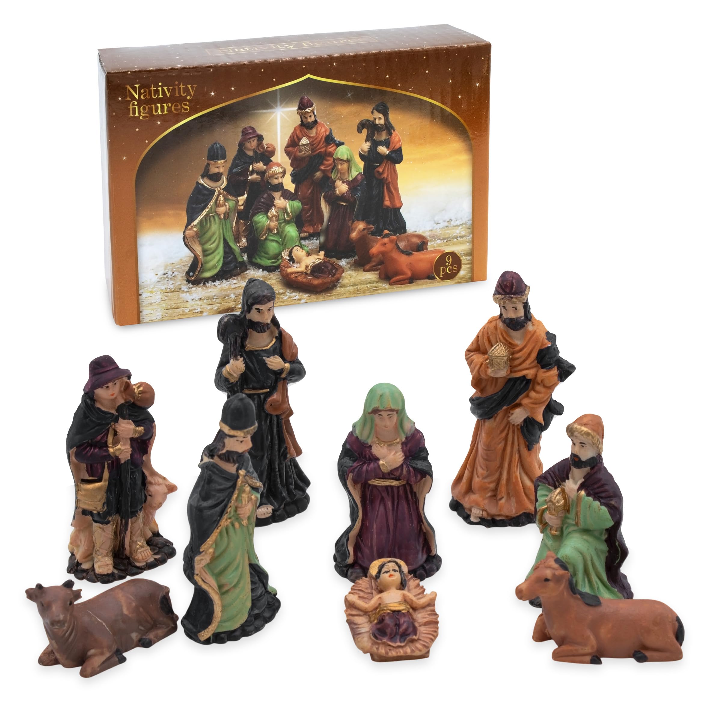 Spetebo Weihnachtskrippe Figuren 9er Set - Größe L / 4,5 cm bis 11 cm - 9 detailgetreue Krippen Figuren - Weihnachten Tisch Dekoration Krippe Zubehör - Image 1