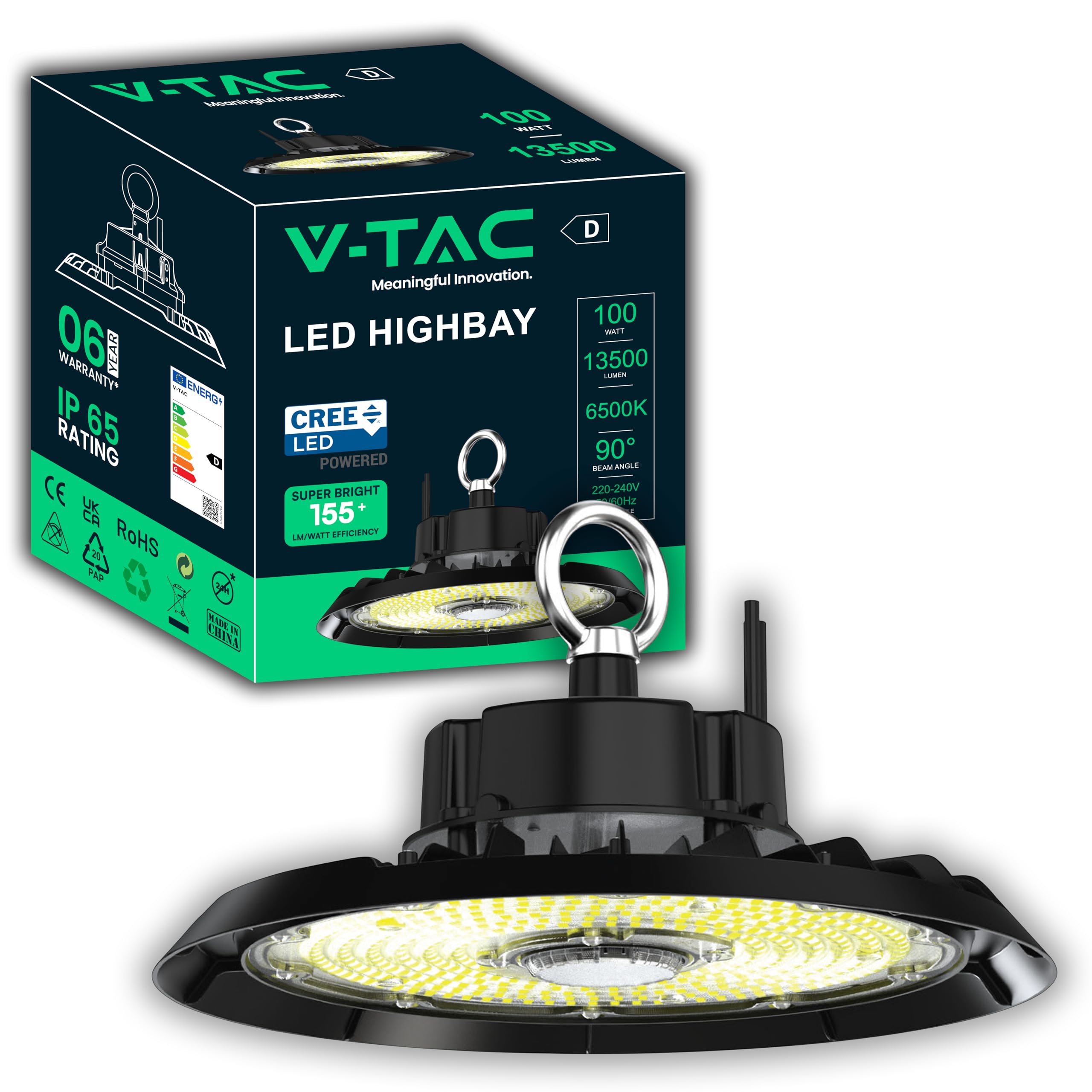 V-TAC High Bay Projecteur LED Industriel UFO 100W - [CHIP CREE LED - ÉCONOMIE D'ÉNERGIE] - Lampe Industrielle 13500 lm pour Entrepôt, Usine, Atelier - IP65 - Cloche -Blanc Froid 6500K