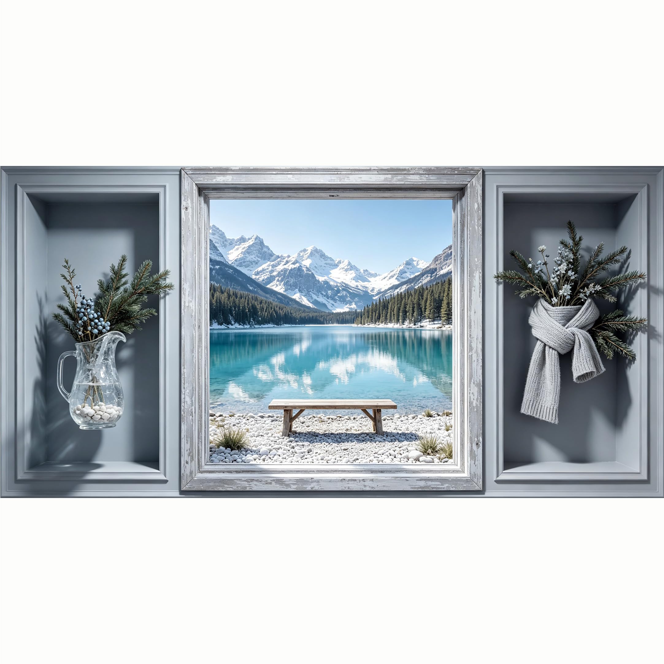 QZLITHOTIC 50x100cm 3D Framed Wall Art， Snowy Mountain Lake Landscape SelfAdhesive Mural， Water‑Activated Peel & Stick Fabric Decor Wall Decal for Bedroom Living Room