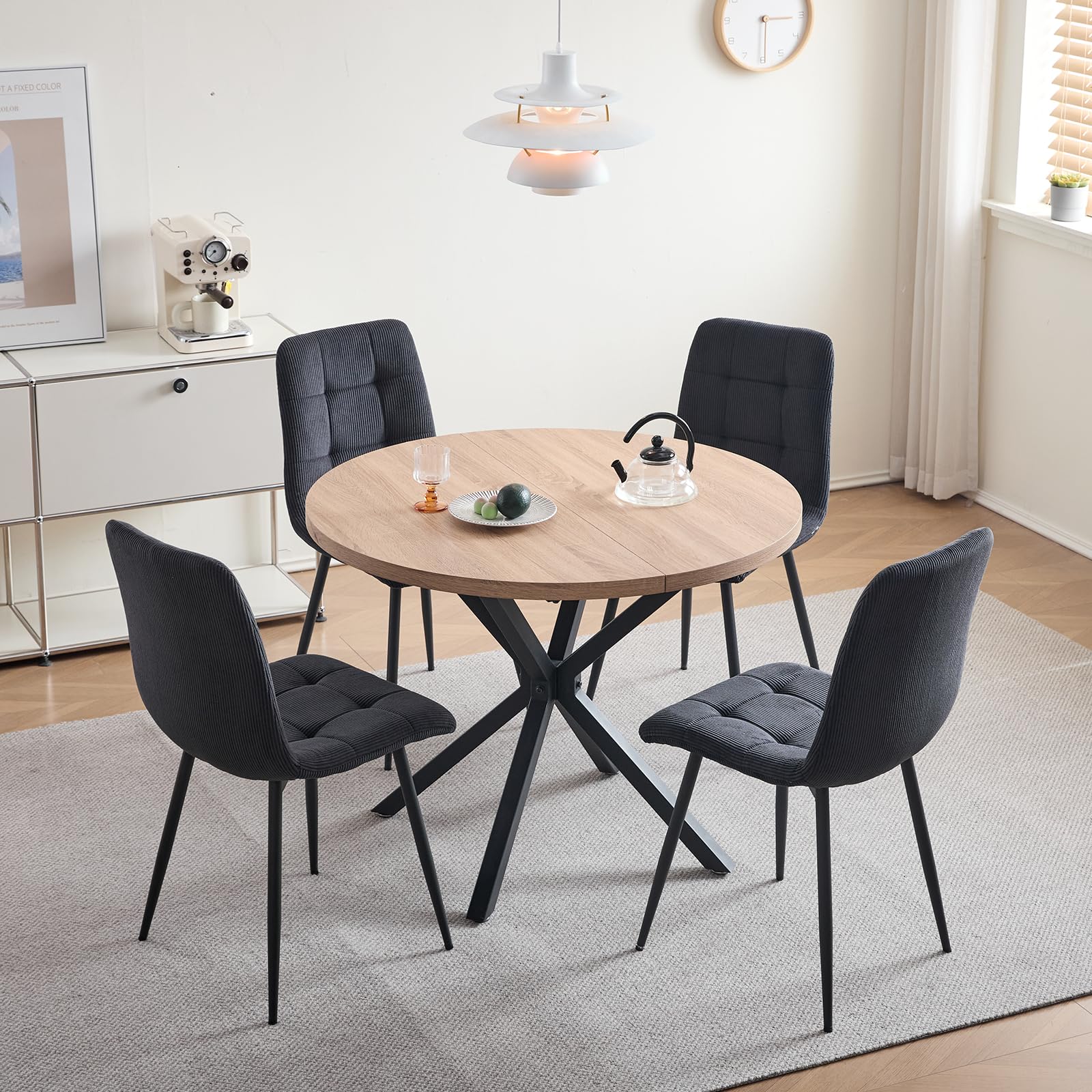 Set di 6 Sedie da Pranzo Nordiche, Sedie da Cucina in Velluto a Coste, Gambe in Metallo Nero, Seduta e Schienale in Spugna ad Alta Densità, Adatte per Soggiorno, Cucina - Nero