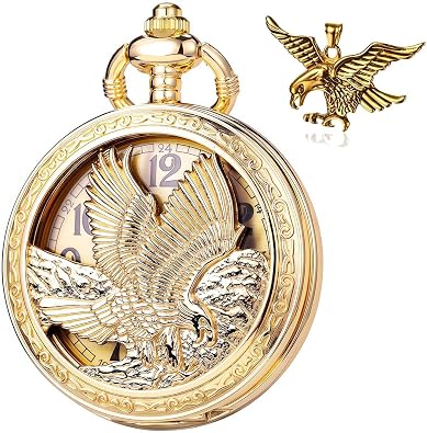 Pocket Watch with Chain Oversized 50MM Quartz Steampunk Hollowed Eagle Patterned Hawk Christmas Valentines Day Birthday Gifts Fathers Day