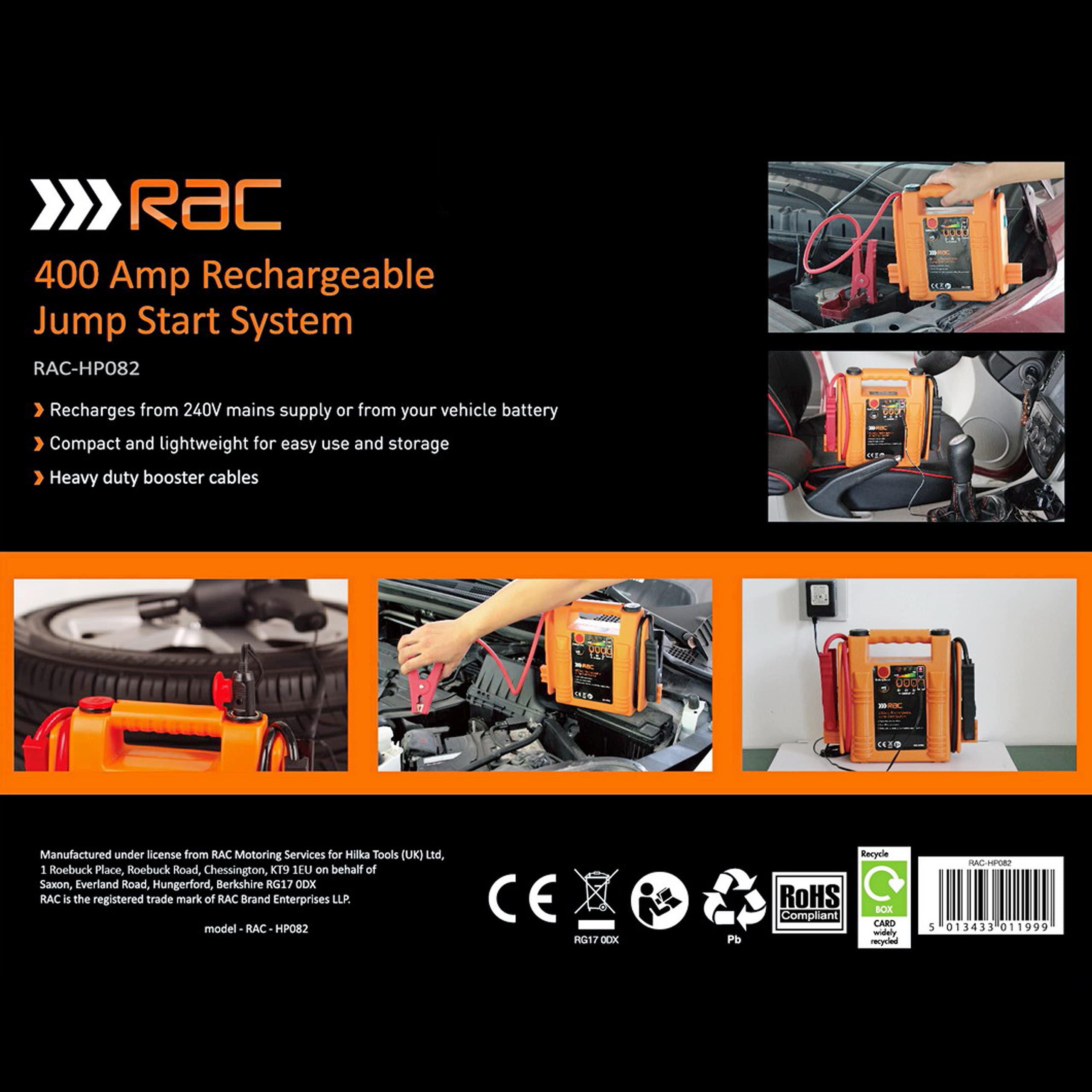 RAC 400 Amp Rechargeable Jump Start System HP082 - For Car Batteries Up To 1500cc, Orange/Red,design May Vary On