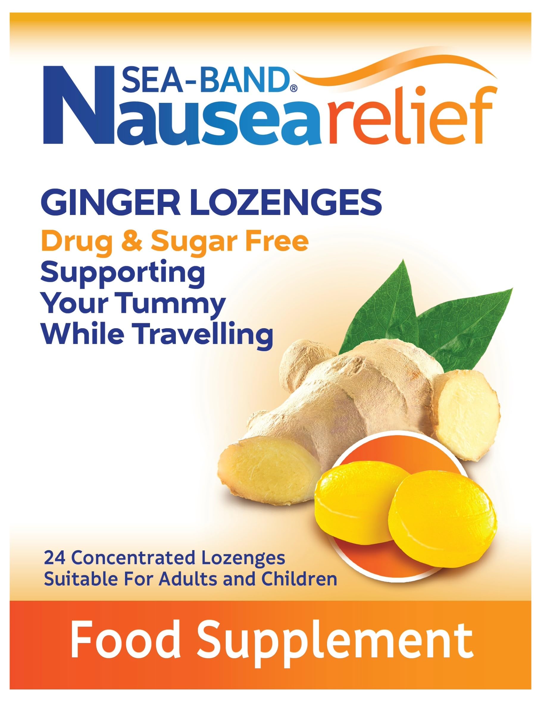 Sea-Band Travel Sickness Sugar Free Ginger Lozenges (24 Pack) for Adults and Children Over 6 Years, for Motion and Nausea Relief (24 Lozenges, Pack of 1)