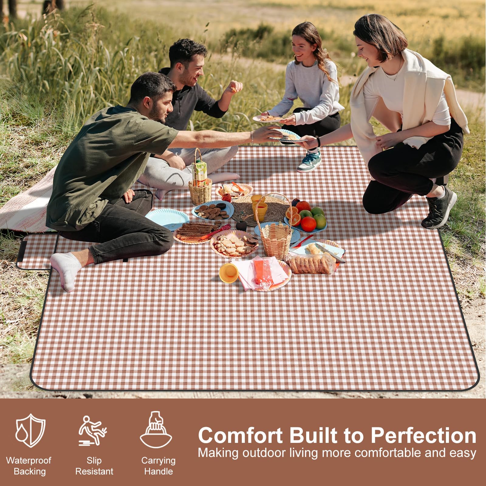 YAOMAISI Comoda coperta da picnic,300 x 200 cm,grande coperta da spiaggia, da campeggio, con maniglia, fondo impermeabile, lavabile in lavatrice, coperta pieghevole per esterni, morbida e grande