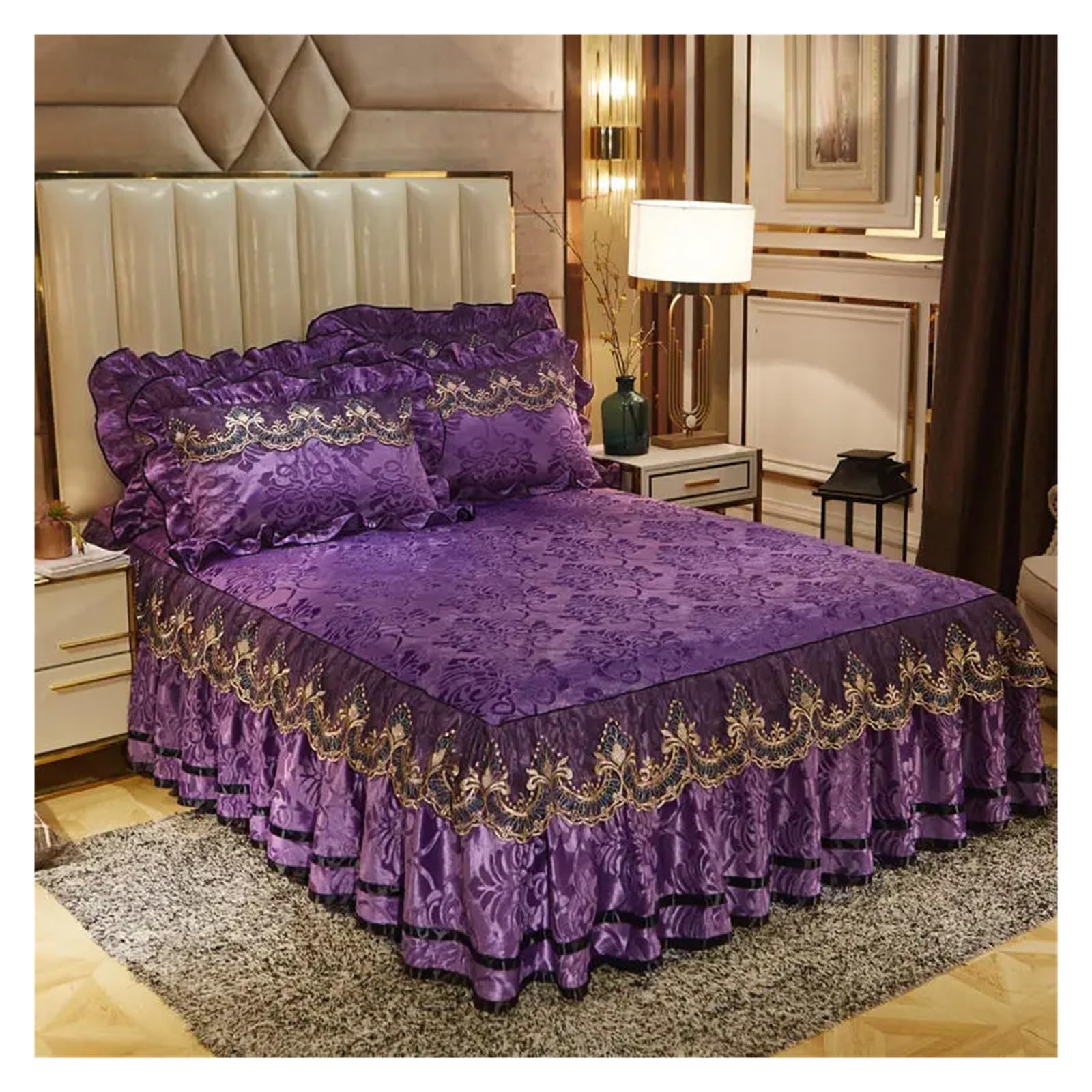 Velvet Bedding Bed Skirt Pillowcases Quilted Bedspread Lace Embroidery Ruffle Mattress Cover Bed Sheet Home Textile(B,1pcs Skirt 180x200)