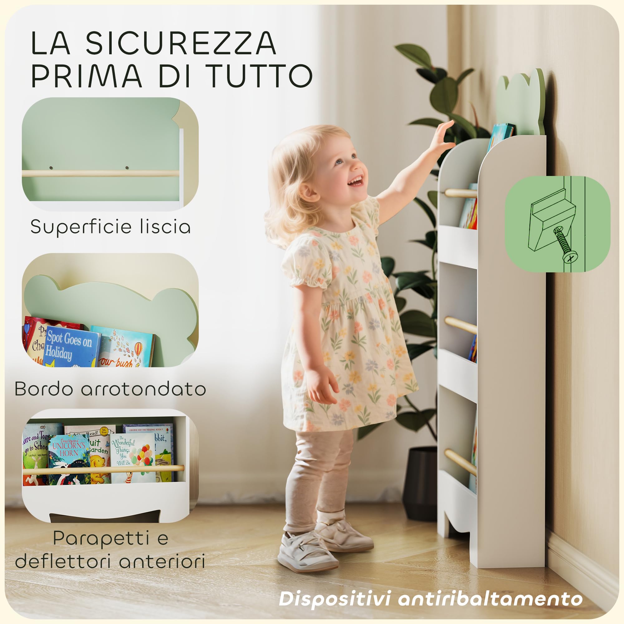 AIYAPLAY Libreria per Bambini a 3 Ripiani, Scaffale Salvaspazio a Forma di Orsetto con Barriere Frontali, per Cameretta e Salotto, 55x15x110 cm, Verde