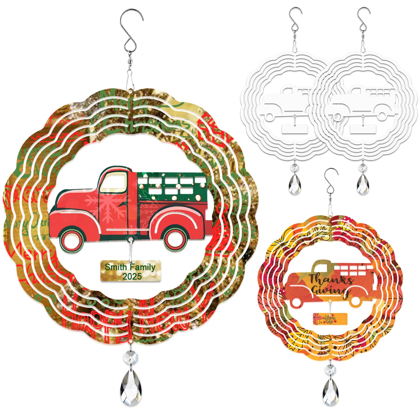 WindMage 4Pack 8inch Sublimation Wind Spinner Blanks 3D Aluminum Metal Wind Sculpture Kinetic Spinners for Yard and Garden Indoor Art Sublimation Christmas Ornament Hanging Decoration (Truck)