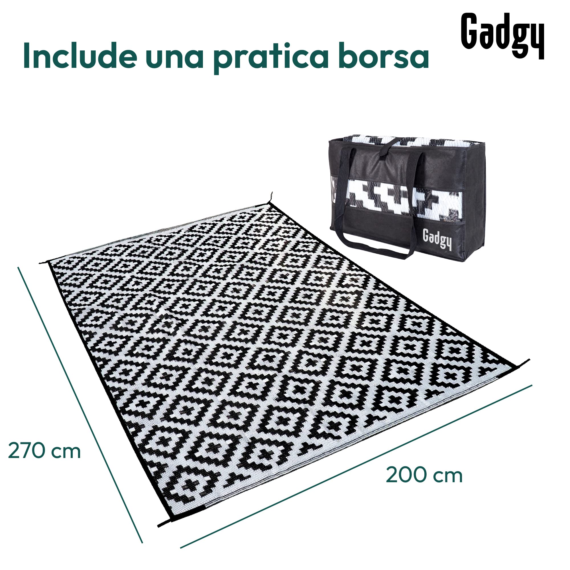 Gadgy Tappeto da Esterno Resistente alle Intemperie 200 x 300 cm - Elegante Tappeto Impermeabile e Resistente ai Raggi UV - Tappeto da Giardino Reversibile - Verde con Sacco Trasporto - Nero