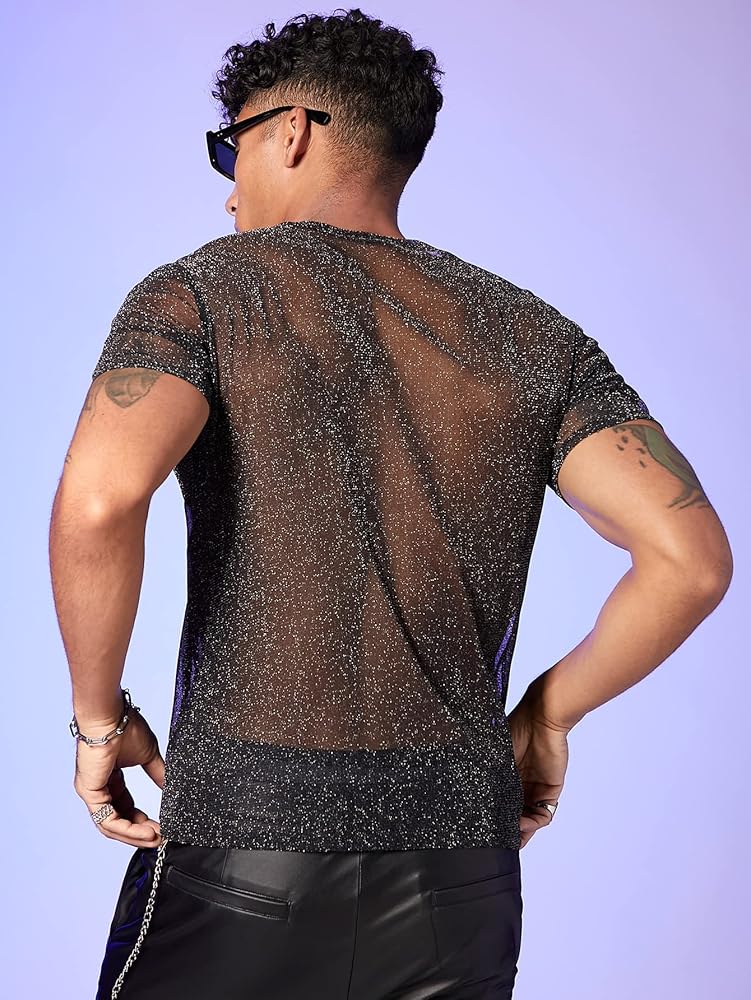 Floerns Men's Sheer Mesh Short Sleeve Glitter Crew Neck Club