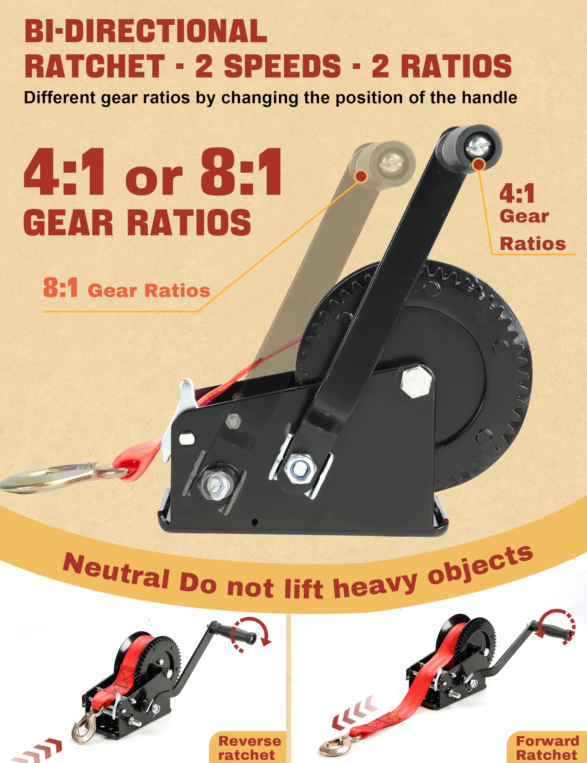 3500lb Boat Trailer Winch With 33ft Polyester Belt - 2-Speed Ratchet For Boats, ATVs & Trailers