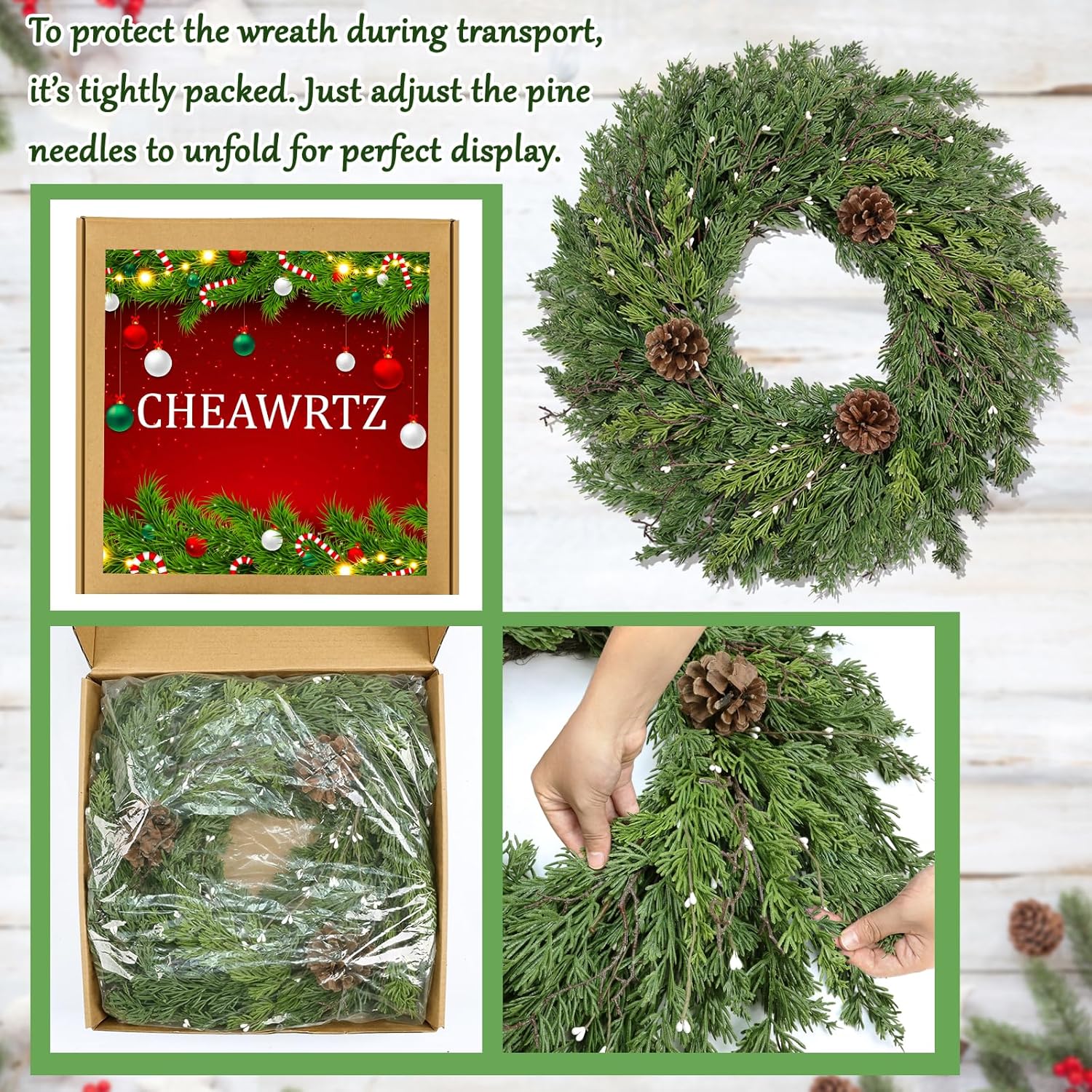 24 Inch Real Touch Lush Christmas Wreaths for Front Door with White Berries/Pine Cone Outdoor Christmas Decorations Winter Wreath Cypress Wreath for Windows Indoor Outside Xmas Home Decor Holiday - Image 7