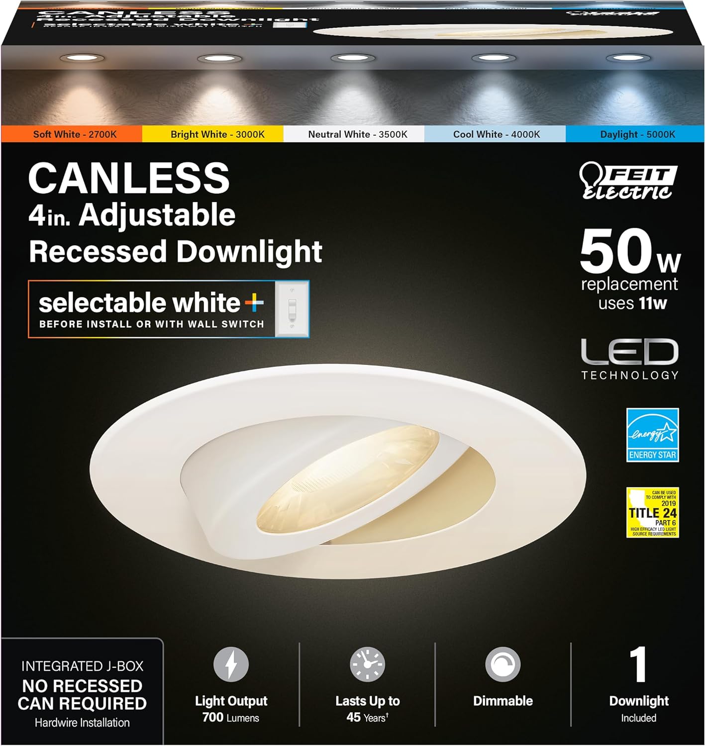 Feit Electric 4" LED Recessed Downlights with External Tethered Jbox, 50W Equivalent, Dimmable, 5CCT Seletable White, 90 CRI, 700 Lumens, 45-Year Lifetime, LEDR4XT/ADJ/6WYCA/4, 4 Pack