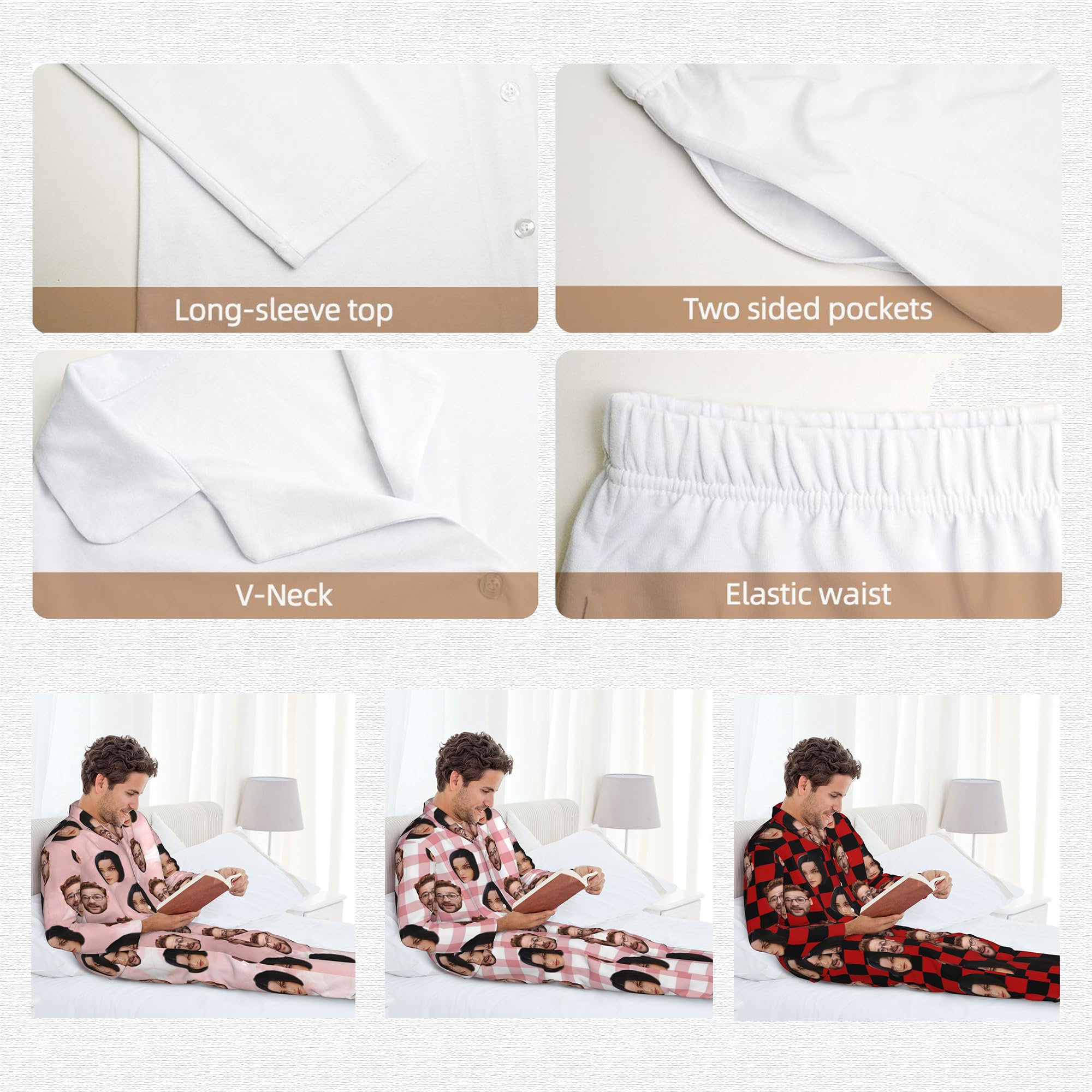 Ensemble De Pyjama Personnalisé For Femmes Et Hommes, Ensembles Assortis De Pyjamas Personnalisés Avec Photo Du Visage, Vêtements De Nuit À Manches Longues, Cadeaux De Nuit For La Famille Ou Les Amis