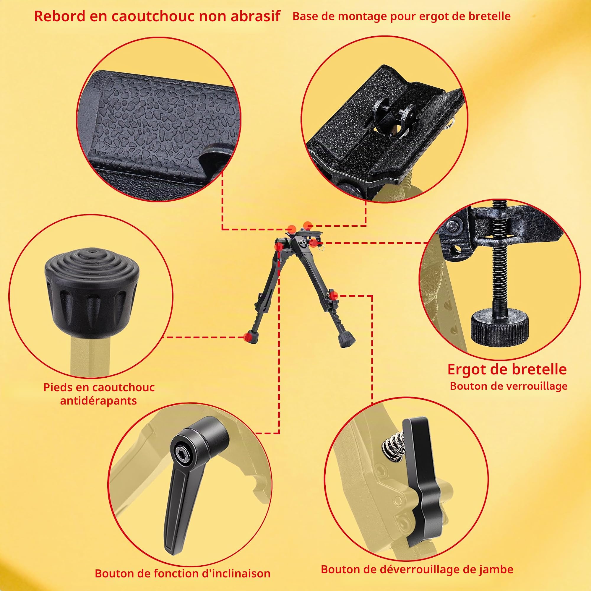 Bipied pivotant inclinable avec adaptateur à vis 6,35 mm, 17,8-25,4 cm