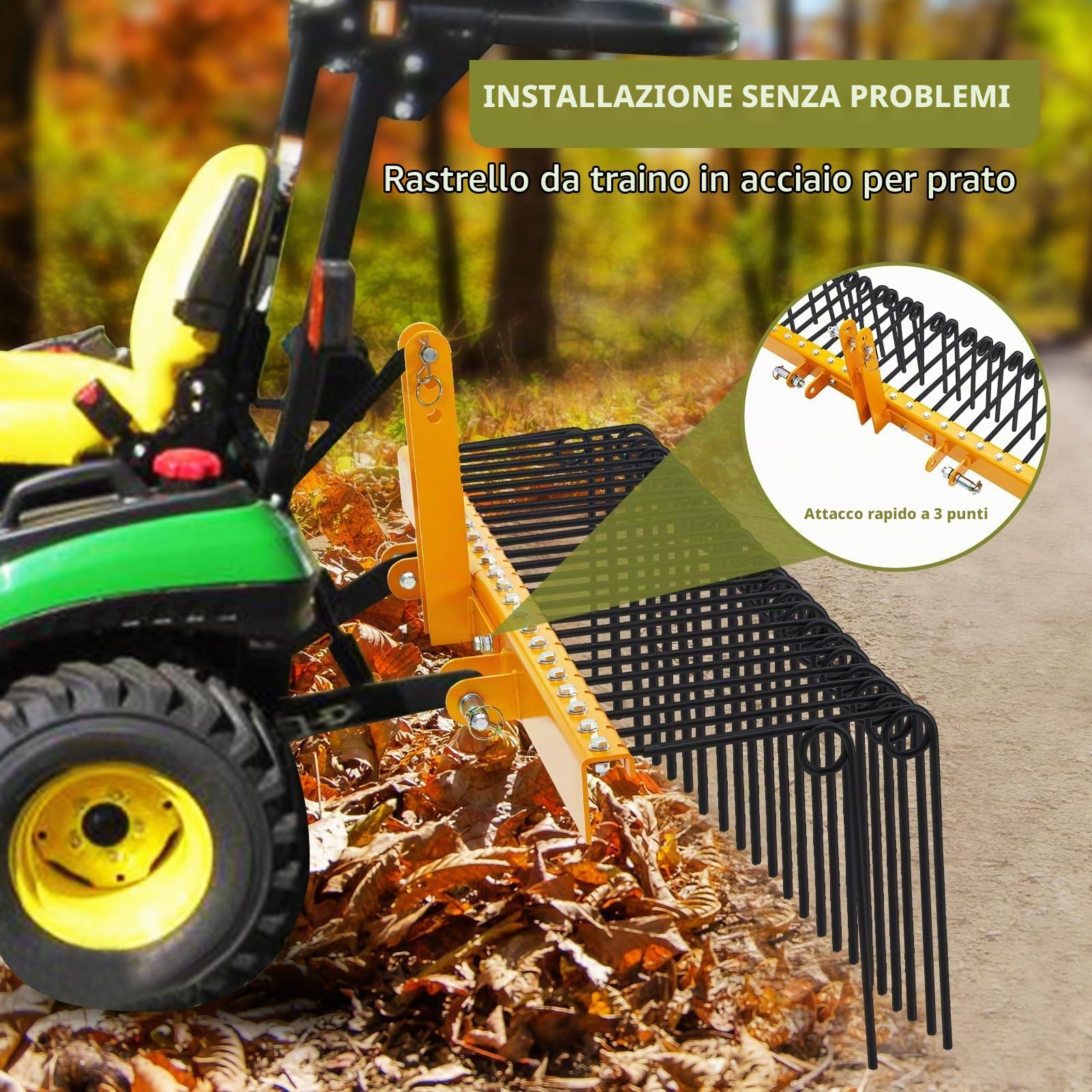 Rastrello trainabile per paglia di pino 152 cm – 26 denti a molla in acciaio resistente verniciato a polvere – Attacco a 3 punti per trattori Cat0/Cat1 – Perfetto per foglie ed erba – Giallo
