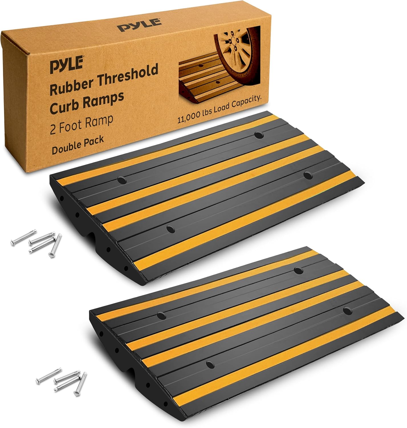 Pyle 2 Ft. Rubber Threshold Curb-Side Ramp - Yellow Reflective Lighting Strip, Pack of 2 Non-Slip Driveway Ramps for Vehicles and Wheelchairs 24.0’’x 16.0’’ x 2.6’’ inches, Expansion Screws Included 2-Pack Yellow