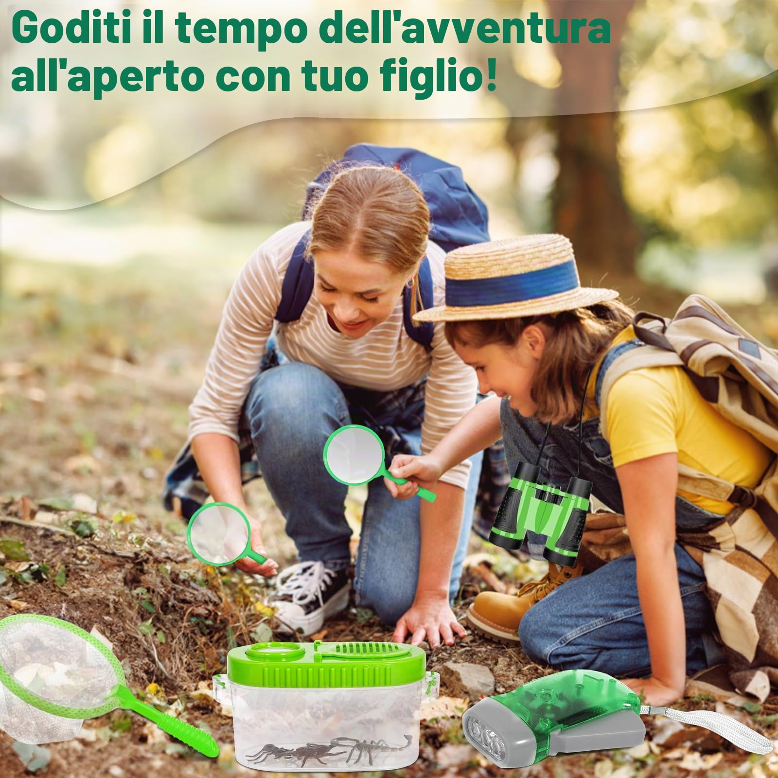 Kit Esploratore Bambini 23 Pezzi – Set con Lente Ingrandimento, Binocolo, Bussola, Rete Farfalle, Scatola Insetti, Gilet e Cappello – Giochi all'Aperto per Giardino, Campeggio e Natura