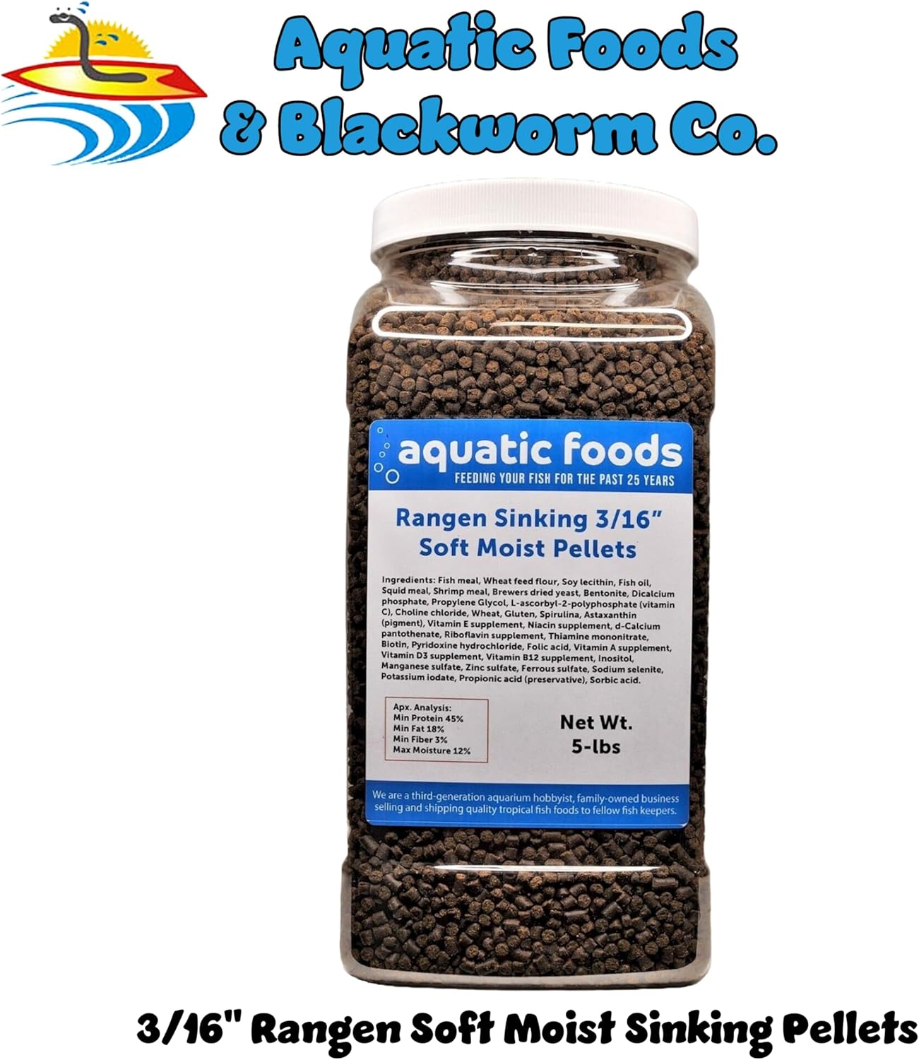 Aquatic Foods Inc. 3/16" Soft Moist Sinking Salmon Pellets for Adult Axolotls, Shrimp, Snails, Crabs, Small Amphibians, Bottom Tropical Fish...5-lb Lg Jar
