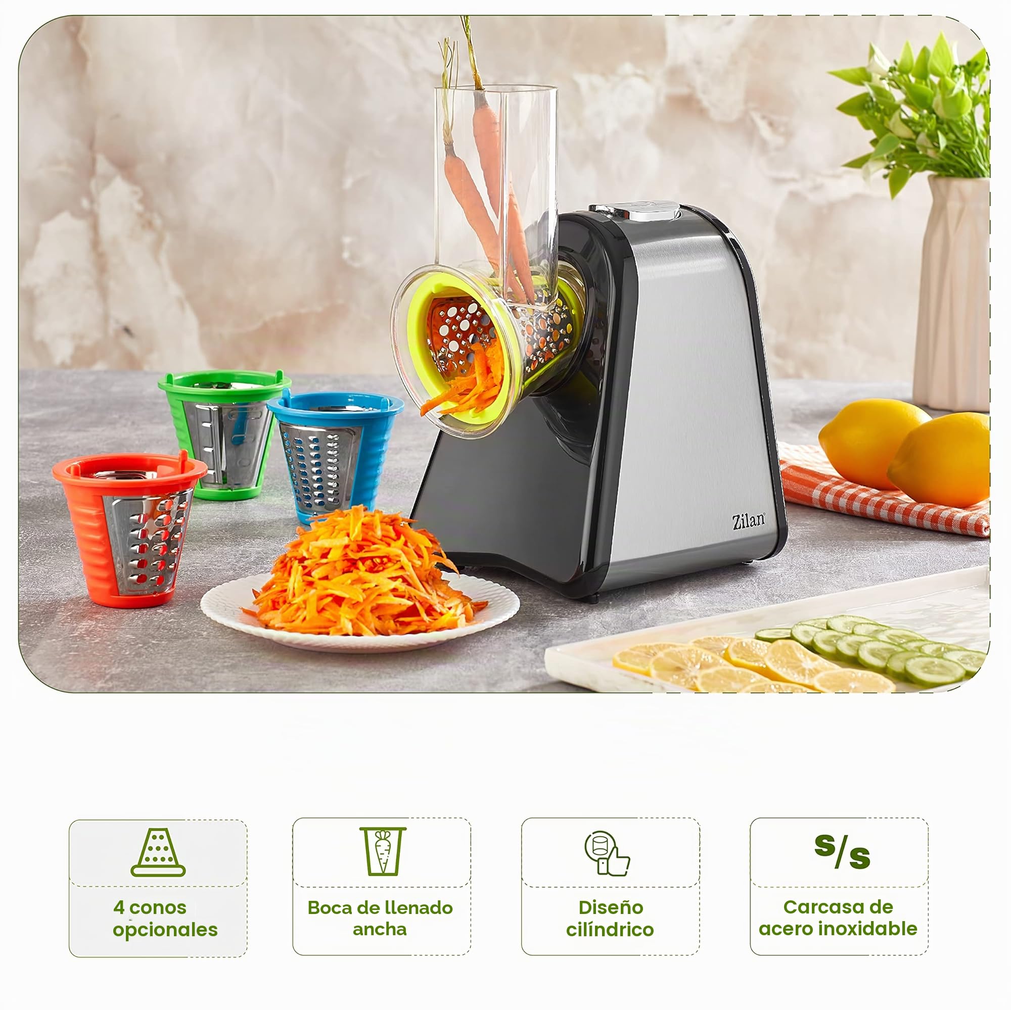 Zilan - Cortador de verduras eléctrico, 4 en 1, rascador de mandolina verduras frutas, 200W