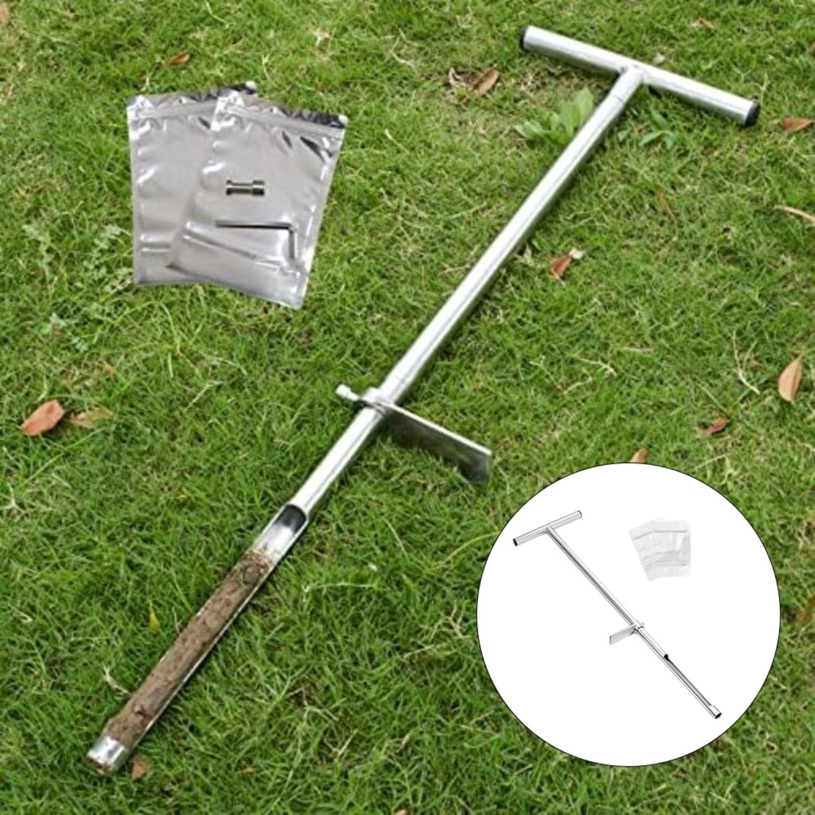 Sonda de suelo de acero inoxidable de 36 pulgadas con mango en T, sonda de muestreo de suelo con pedal de pie y 2 bolsas de muestra reutilizables para pruebas de suelo de jardín, césped, granja