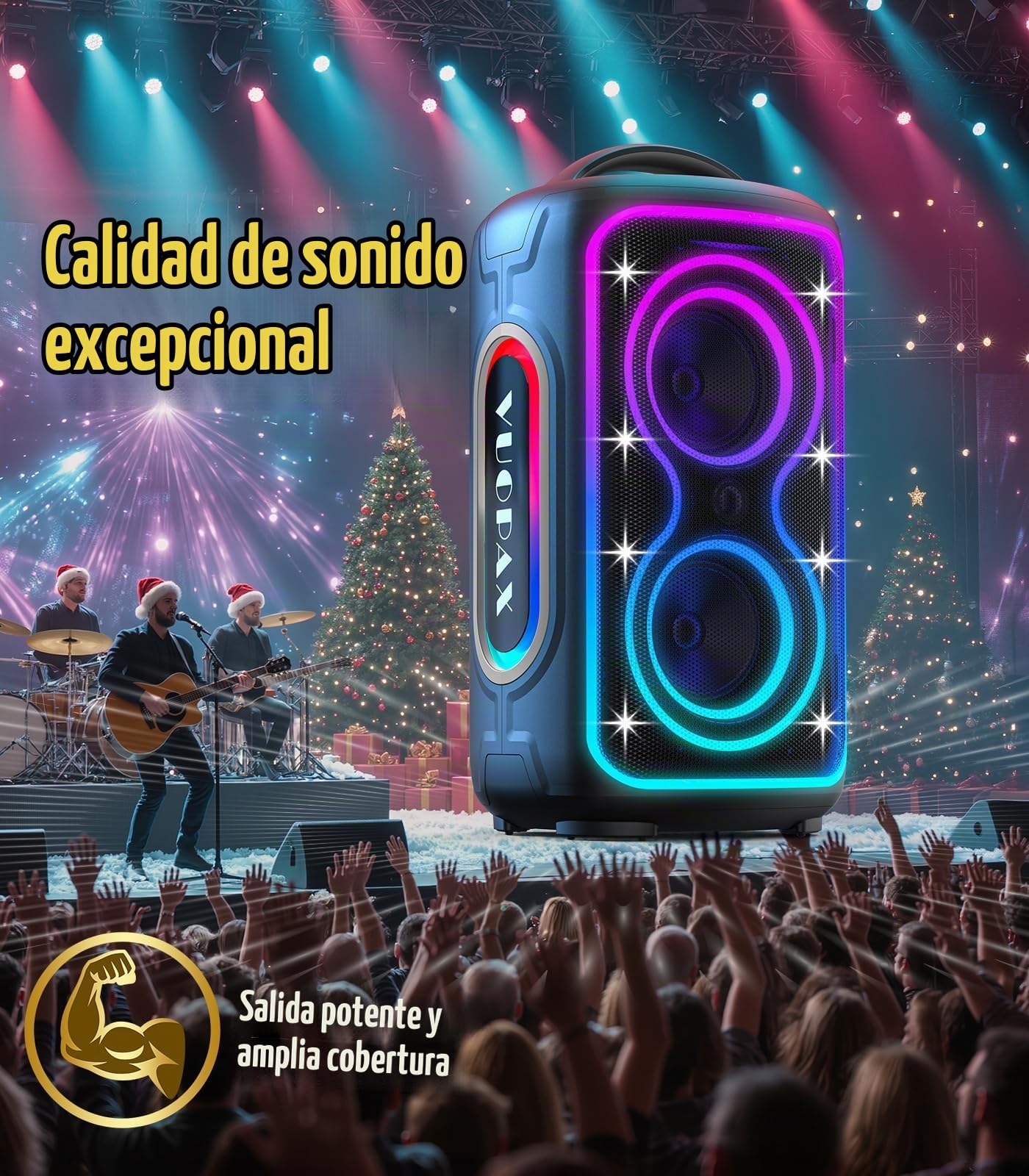 Altavoz Bluetooth Portátil,200 W Máx, Graves Potentes, IP65 | 24 h de autonomía, luces RGB, Bluetooth 5.4,TWS yUSB/TF/AUX/Mic para fiestas, camping y exteriores