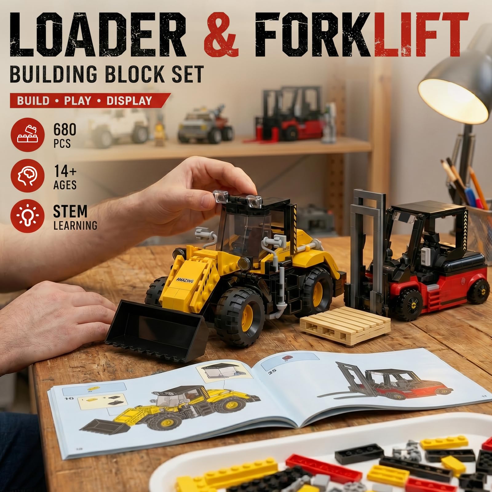 Set di costruzione di carrelli elevatori e kit di costruzione del caricatore, set di costruzione per adulti, 14+, decorazione per ufficio domestico, regalo ideale, 680 pezzi