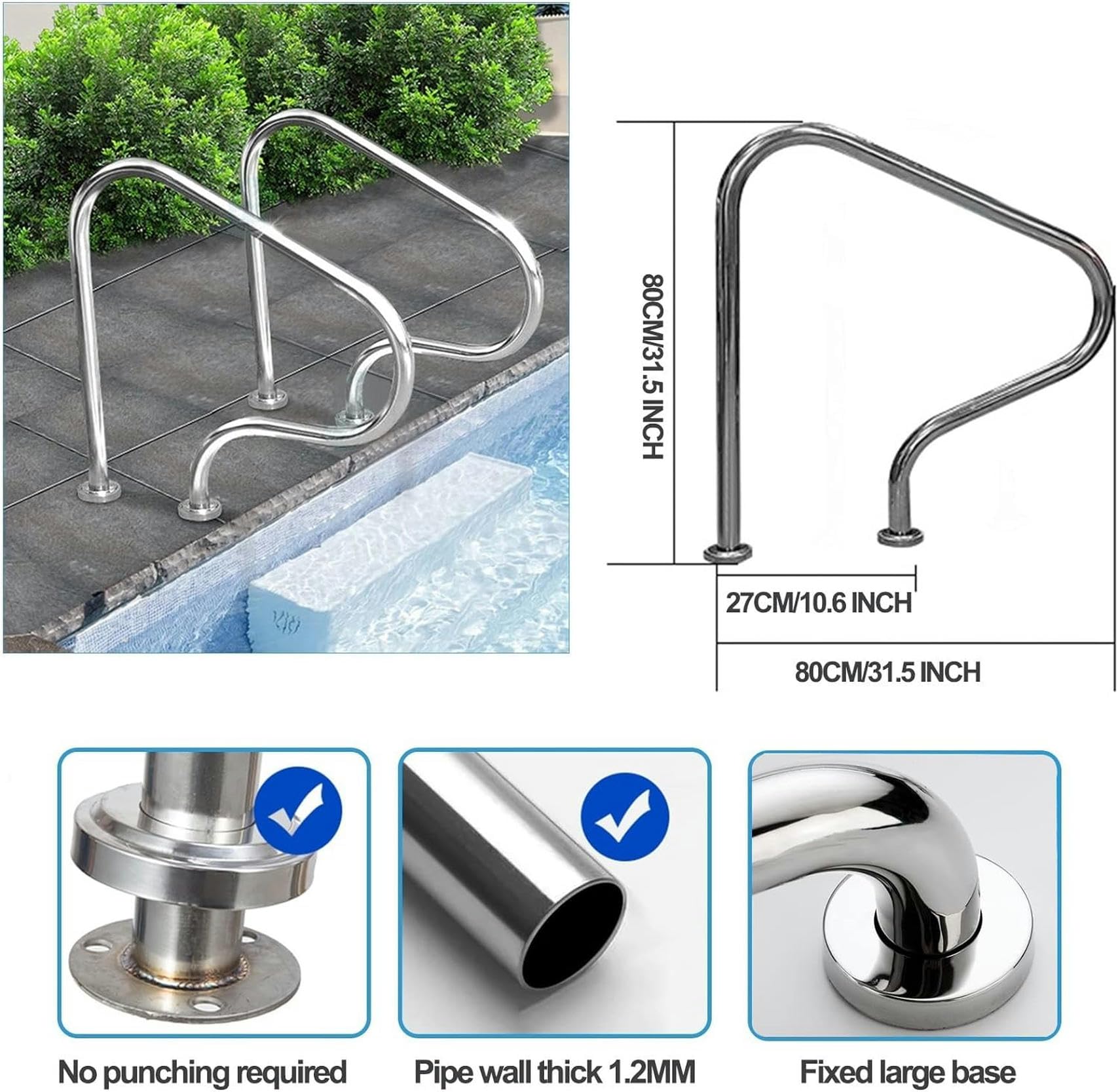 Pasamanos baranda de bajada para piscina Pasamanos de piscina Pasamanos de piscina, Pasamanos de escalera de piscina para entrada de piscina enterrada Material inoxidable 304 Reposabrazos de barandill