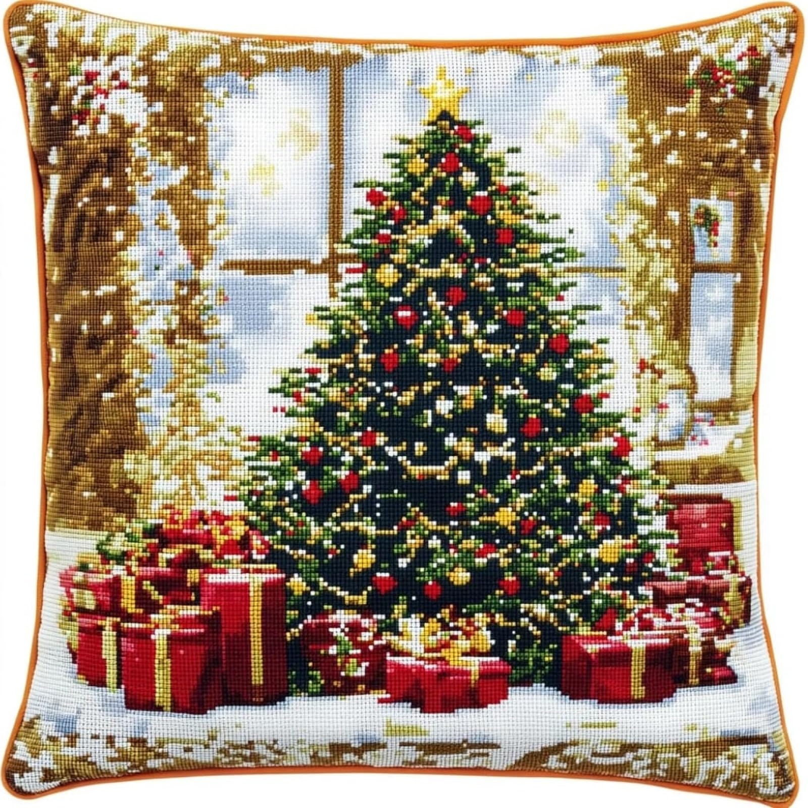 WallustrioaW DIY Embroidery Cross Stitch Cushion Kit,Christmas Trees and Gifts,Tapestry Pillow kit 45x45cm Stitch Set for Living Room Sewing Supplies Adults Beginners Gift