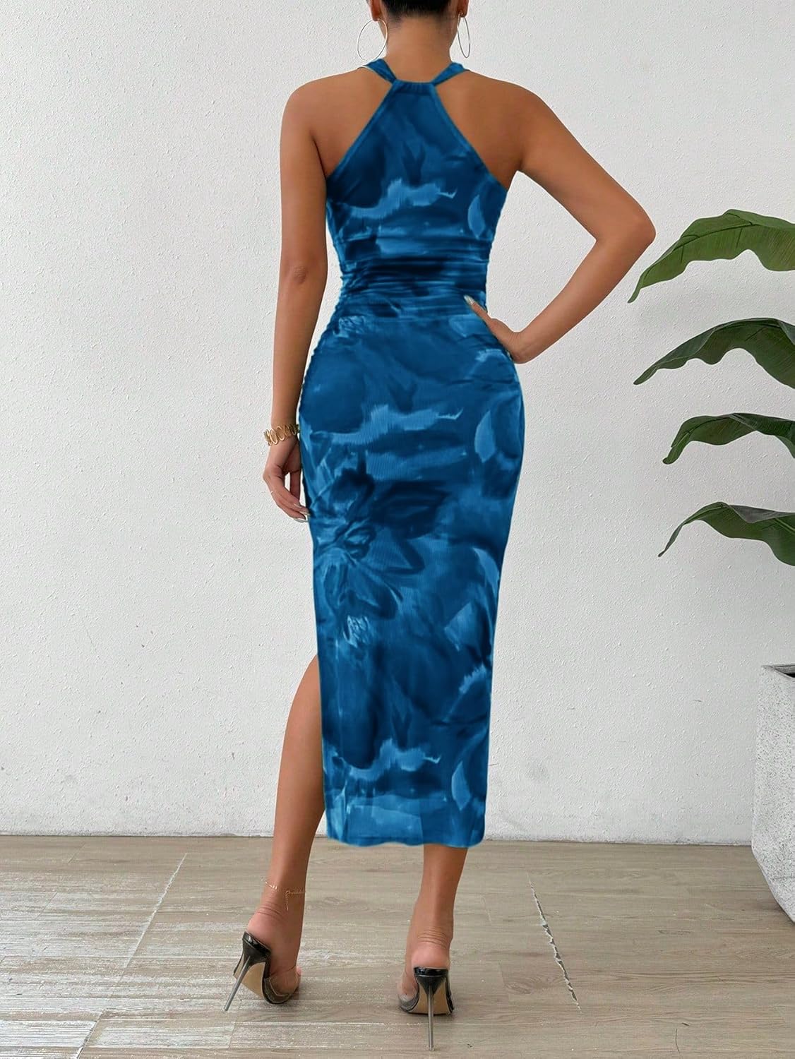 LIGHT DOT Women's Summer Halter Dress 2025 Midi Printed Bodycon Cocktail Ruched Side Slit Mesh Layered - Image 2