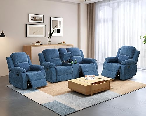 Miniatura 30 de Juego de sofá reclinable para sala de estar, juego de muebles de sala de estar, 2 piezas, sofá de tela de pana y juego reclinable con mesa gris