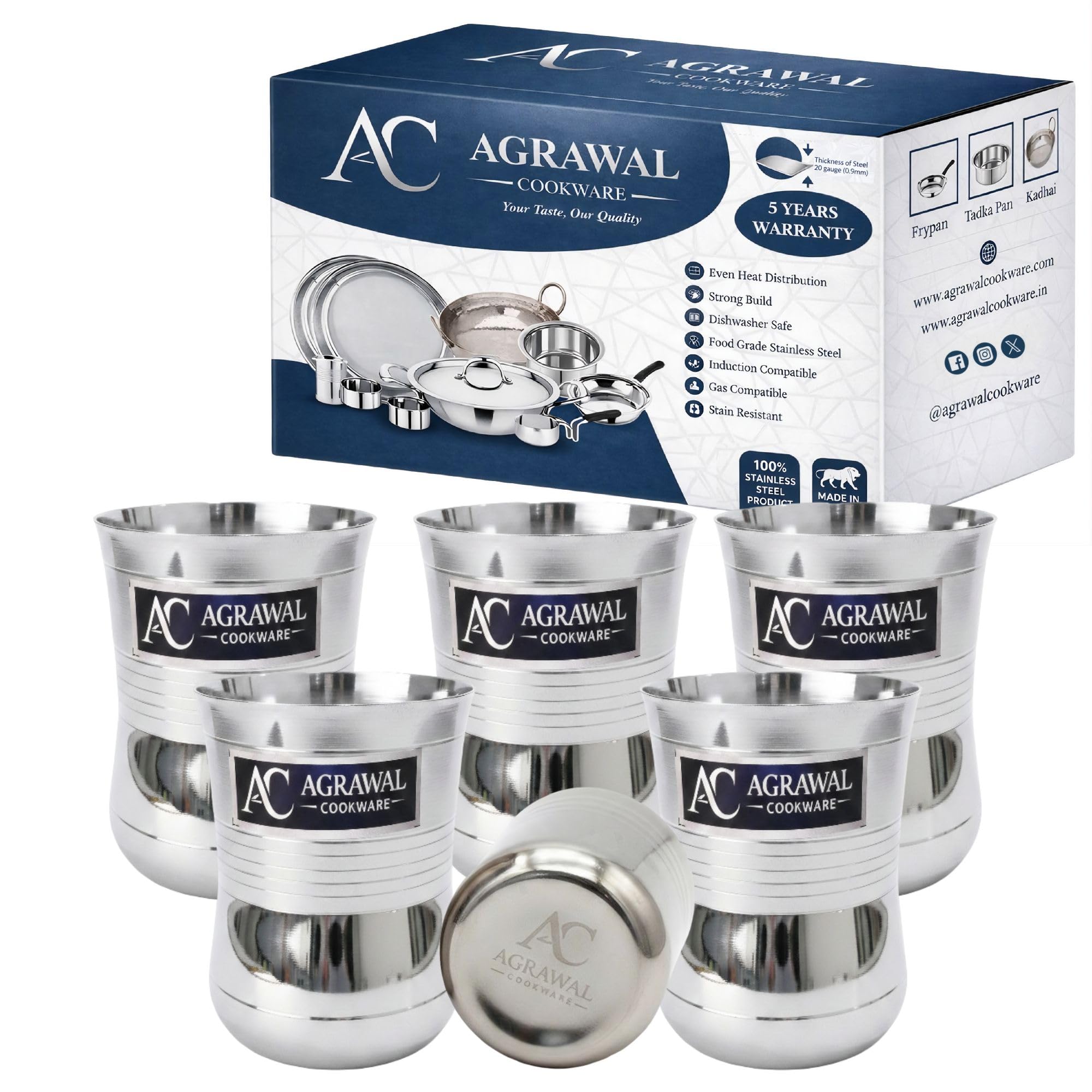 Agrawal Cookware Premium Glass Set of 6 | Water & Juice Glasses | 350ml Each | Mirror Finish Heavy Glass | Perfect for Serving Water, Juice, and Beverages | 5-Year Warranty (Royal Glass)