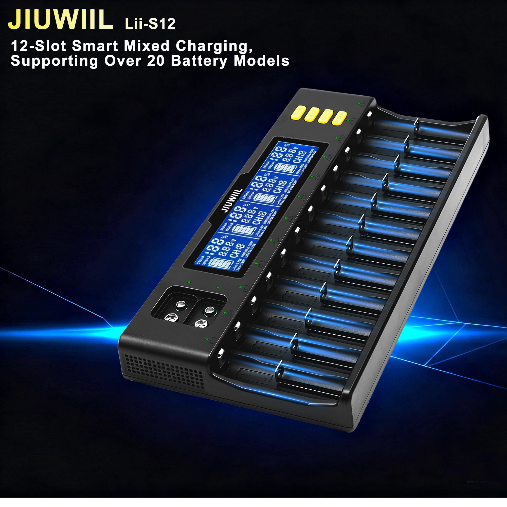 Caricabatterie 18650, JIUWIIL 12+2 slot Caricabatterie universale a ricarica rapida con display LCD per batterie ricaricabili Li-ion LiFePO4 RCR123 18650 26650 10440 14500 & 9V