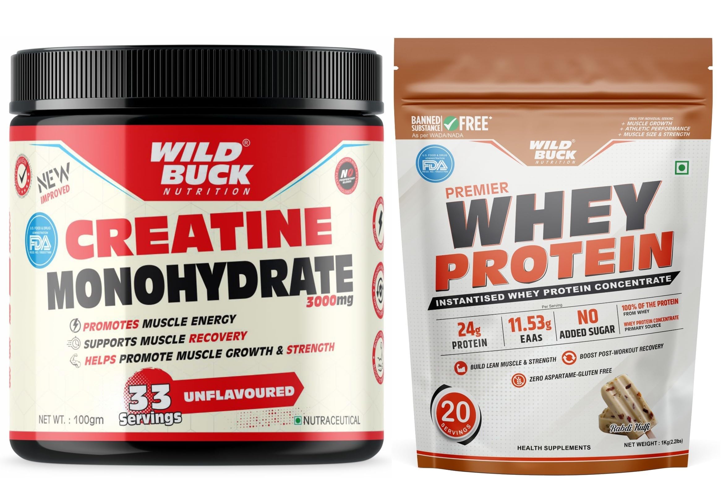 Creatine Monohydrate Powder, Strength, Reduce Fatigue, 100% Pure Creatine, Lean Muscle Building, Supports Muscle Growth, Athletic Performance, Recovery [33 Servings, Unflavoured] + WILD BUCK Premier Whey Protein Concentrate 100%, 24g High Protein, 5.43g BCAA, 11.53g EAA & Added Digestive Enzymes | Muscle-Building Whey Protein Powder | Sports Drink for Recovery & Muscle Growth | For Men & Women [1kg, Rabdi Kulfi]