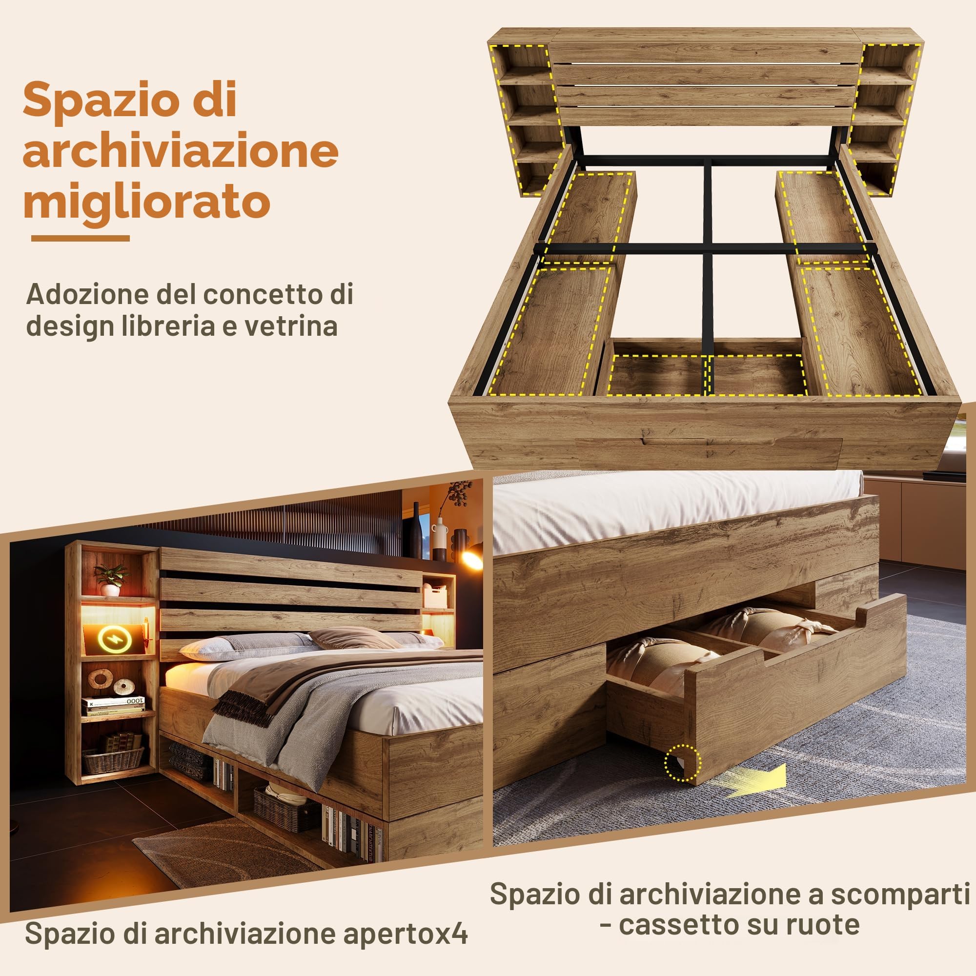 Letto matrimoniale in, letto con illuminazione a LED e testata e cassetti USB C, struttura a doghe in legno, rovere (senza materasso) (160 x 200 cm)