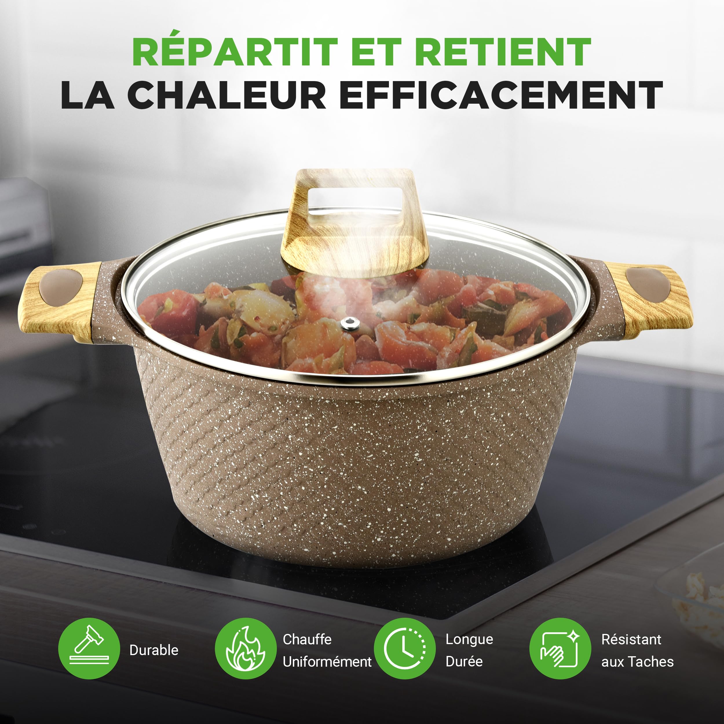 NutriChef Batterie de Cuisine 22 Pièces Marbre Marron – Casseroles et Poêles Antiadhésives, Compatible Induction, Ustensiles Résistants à la Chaleur – Collection Pro