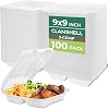 Freshware Clamshell Food Containers with Lids [9x9] 3-Compartment 100-Pack, Disposable To Go Containers, Biodegradable Sugarcane To Go Boxes - Paper Container - Microwave & Freezer Safe, Stackable