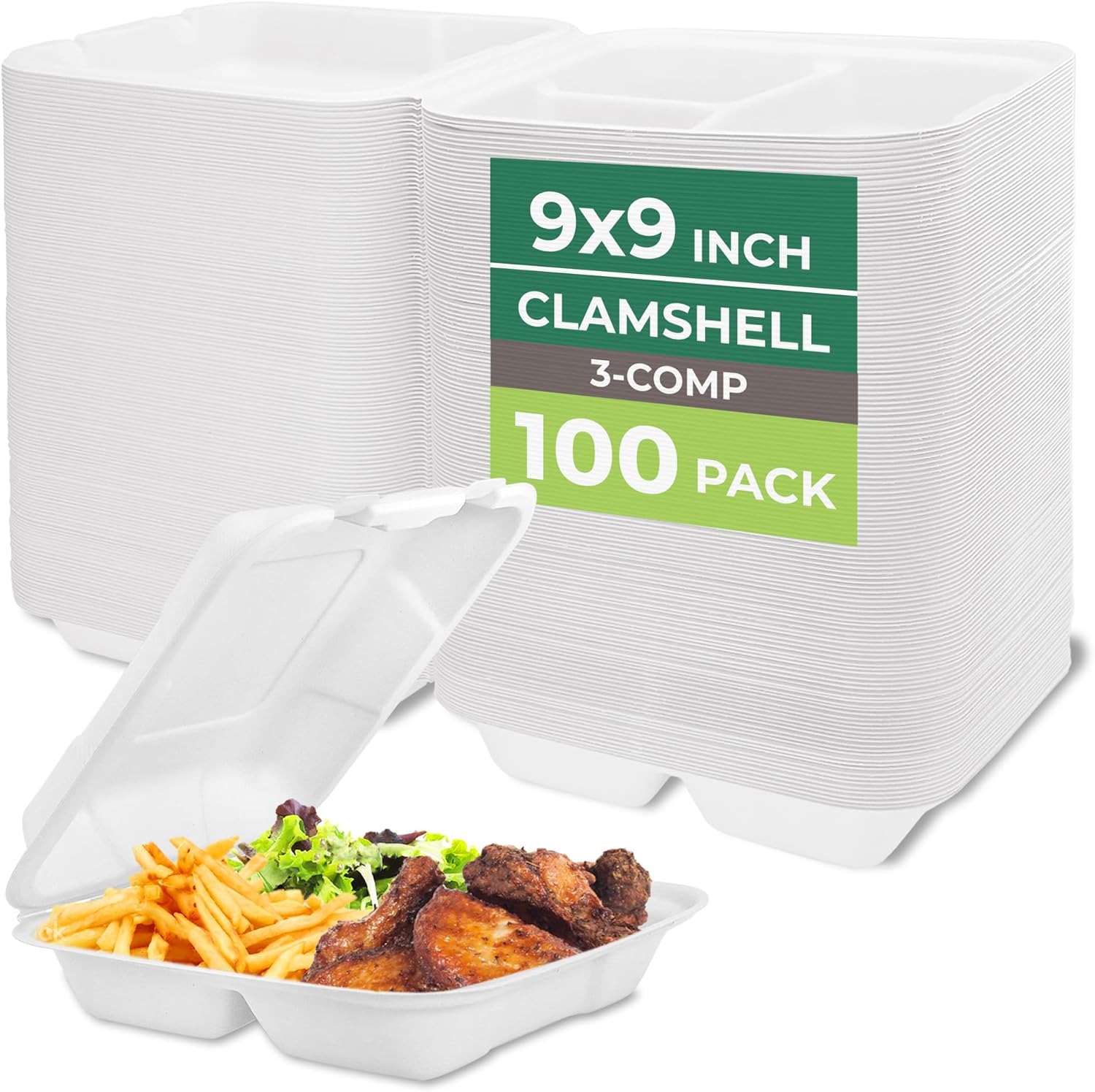 Freshware Clamshell Food Containers with Lids [9x9] 3-Compartment 100-Pack, Disposable To Go Containers, Biodegradable Sugarcane To Go Boxes - Paper Container - Microwave & Freezer Safe, Stackable 9 x 9 Inch, 100 Pack