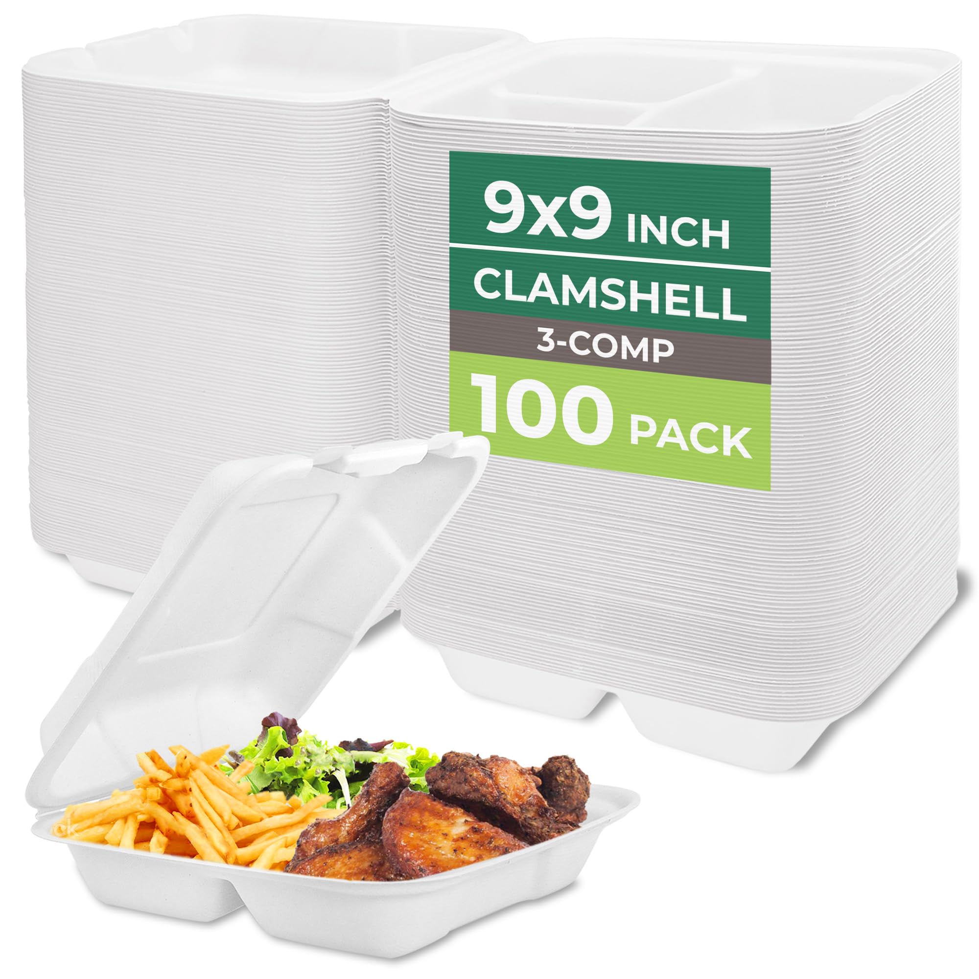 Freshware Clamshell Food Containers with Lids [9x9"] 3-Compartment 100-Pack, Disposable To Go Containers, Biodegradable Sugarcane To Go Boxes - Paper Container - Microwave &amp; Freezer Safe, Stackable