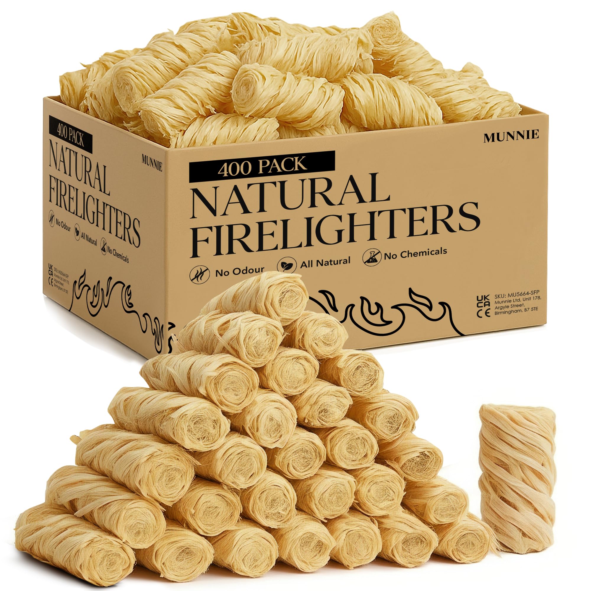 Munnie Brown Natural Firelighters – 400 Eco Wood Wool Fire Lighters For Bbq, Fireplace, Stove, Campfire – Odourless, Fast Lighting, Eco-Friendly Kindling – Long Burn, Non-Toxic, All-Natural Fire Starter